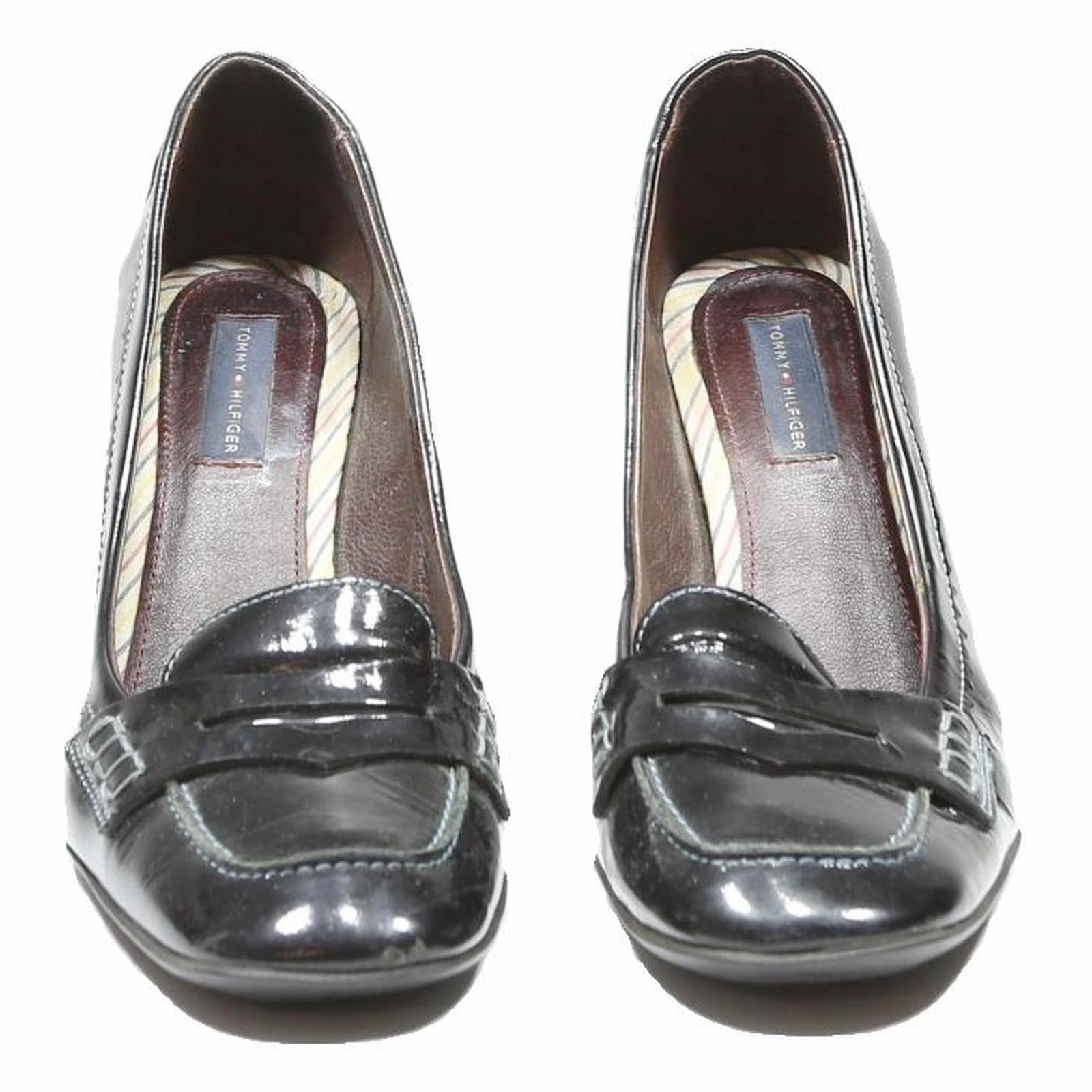 High Heel Dancing Shoes TOMMY HILFIGER Womens Black Leather Court Heels UK 7 Elegant Loafer Style