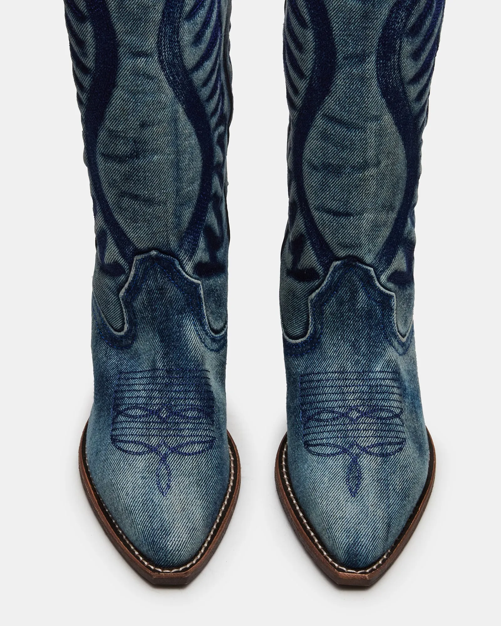 ALBANY DENIM FABRIC Brown Heel Knee Boots