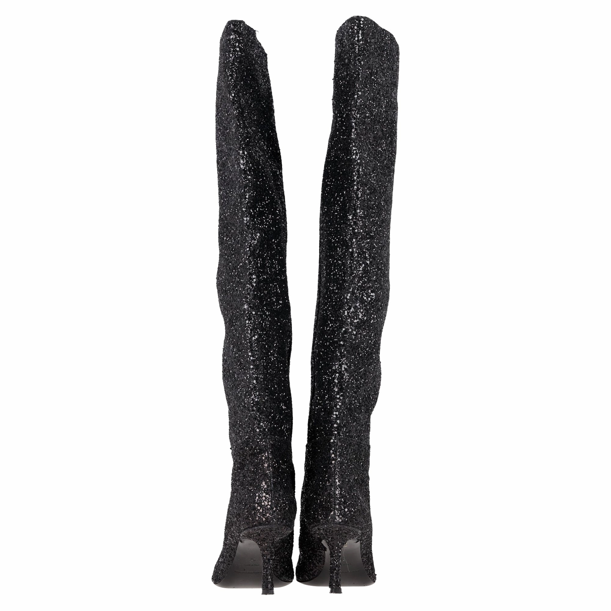 Alexander Wang Viola Slouch Knee-High Boots in Black Glitter Boa Boots