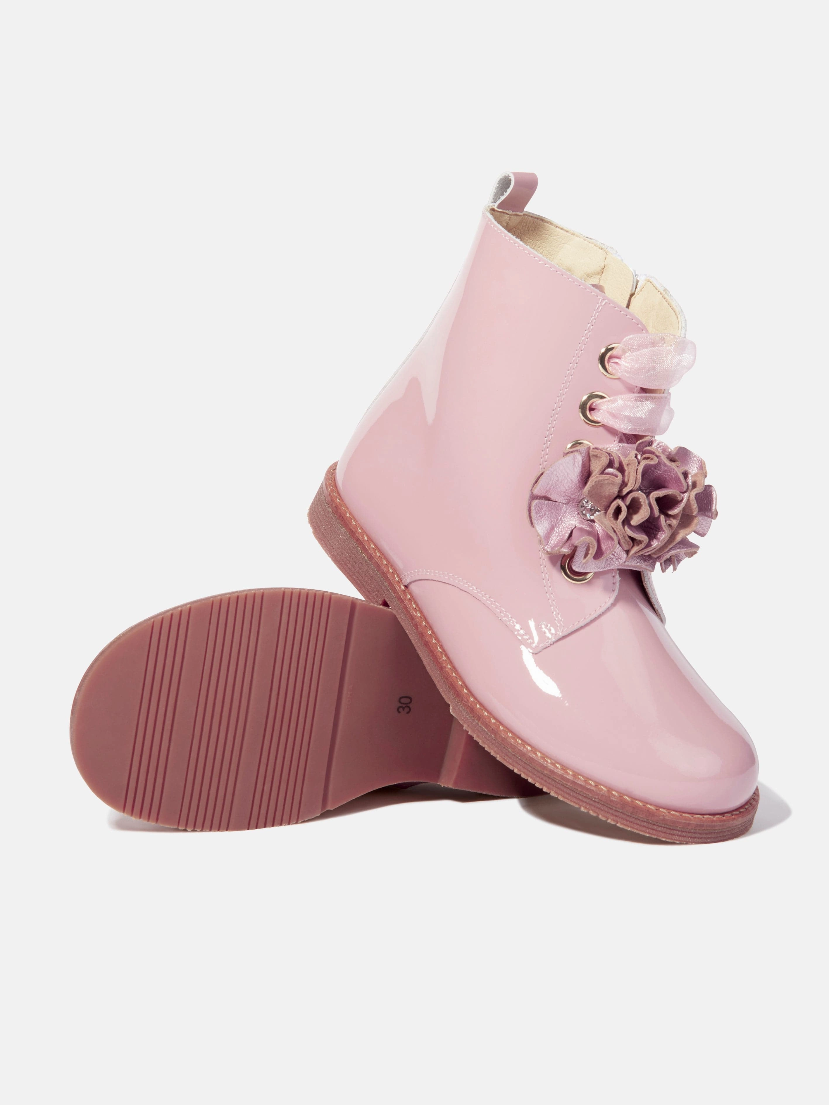 Rubber Deck Boots Andanines Girls Patent Leather Flower Boots in Pink