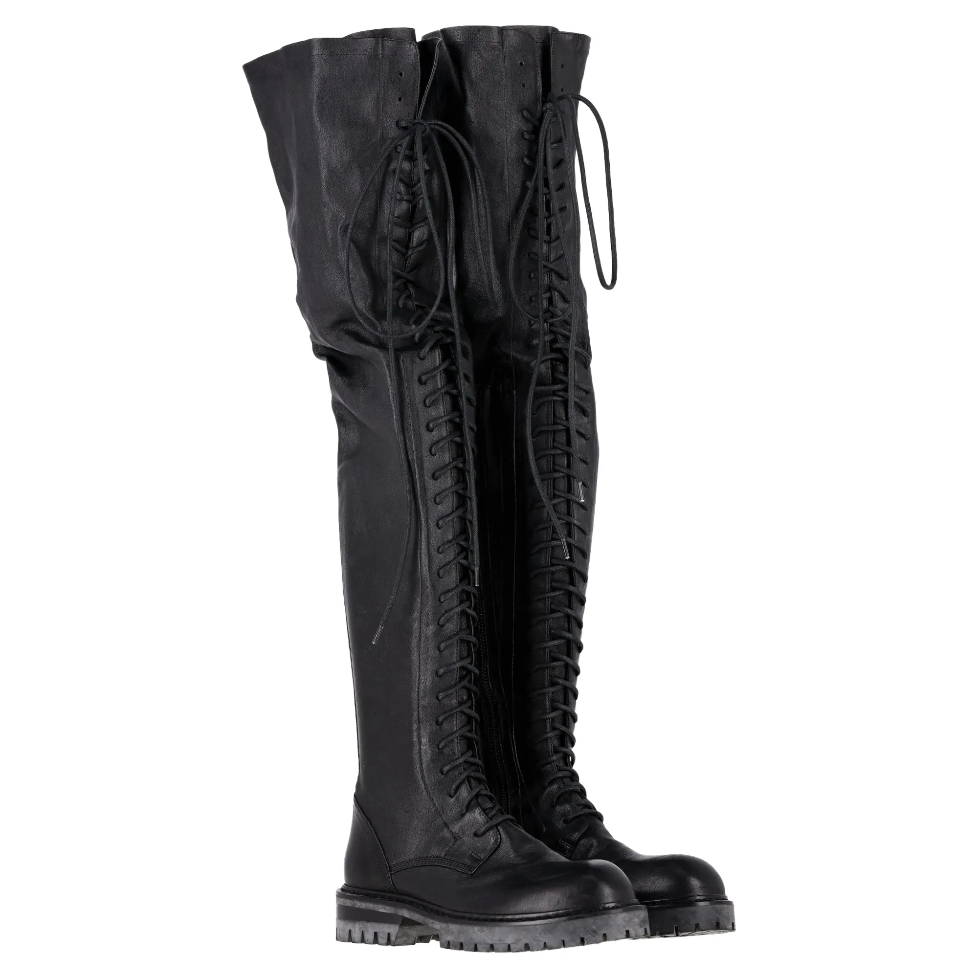 Woody Max Muck Boots Ann Demeulemeester Stretch Knee High Lace-Up Boots in Black Leather