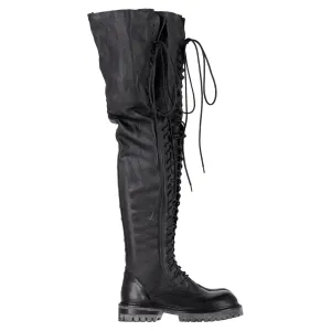 Ann Demeulemeester Stretch Knee High Lace-Up Boots in Black Leather Good Tactical Boots
