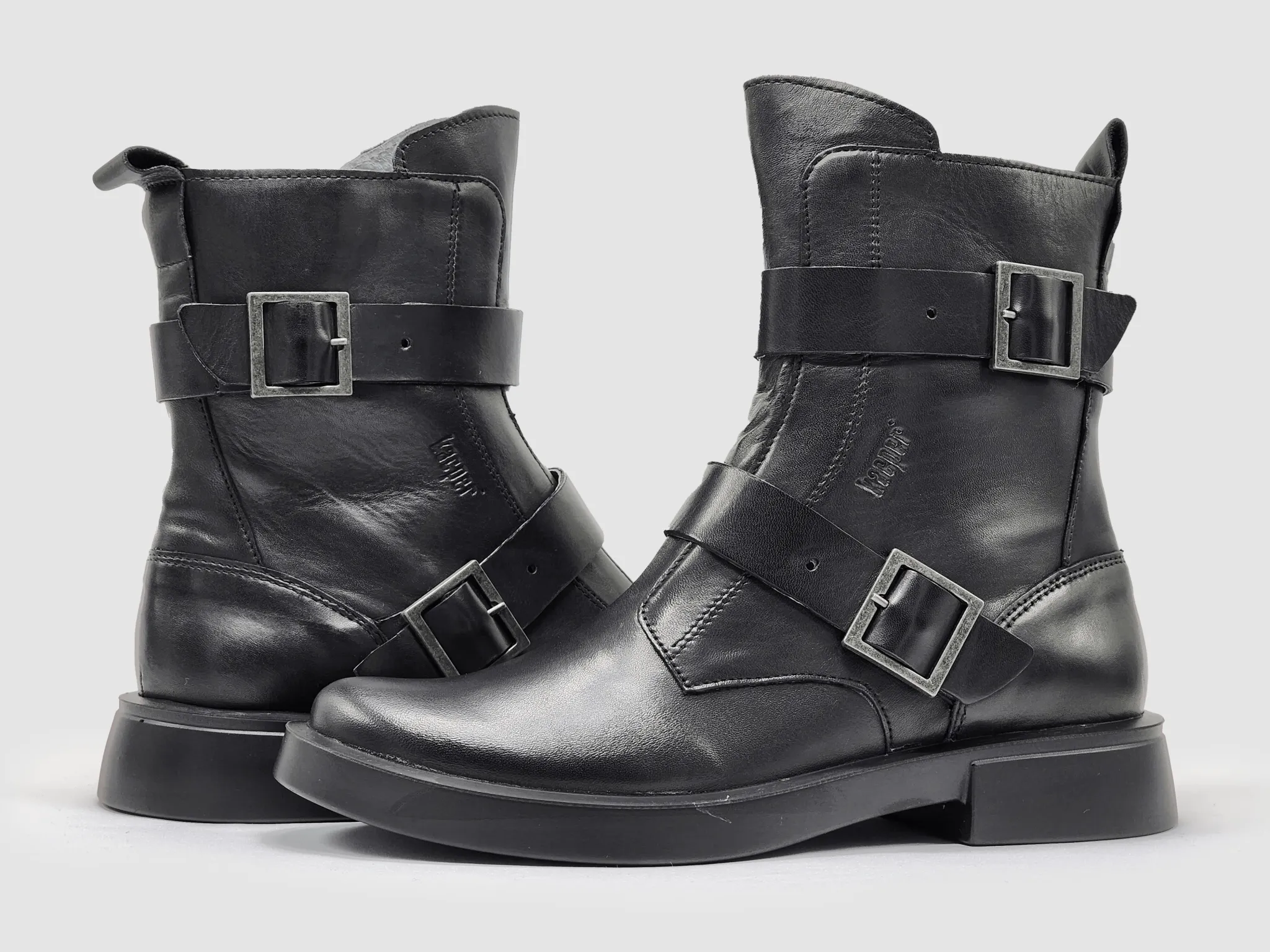 White Boots Tall Women's Mid Buckle Leather Boots - Black