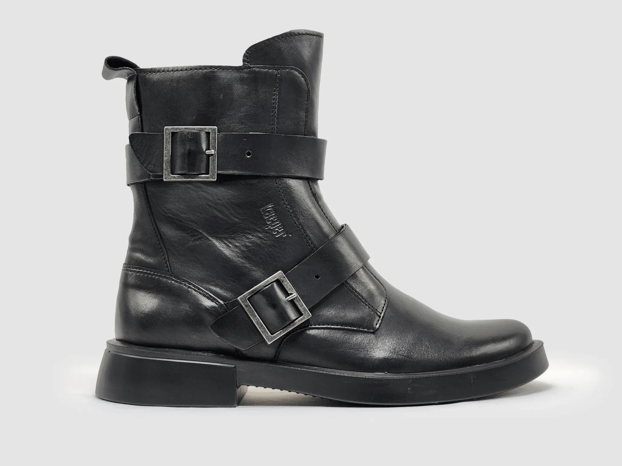 Women's Mid Buckle Leather Boots - Black Fashion Rubber Boots