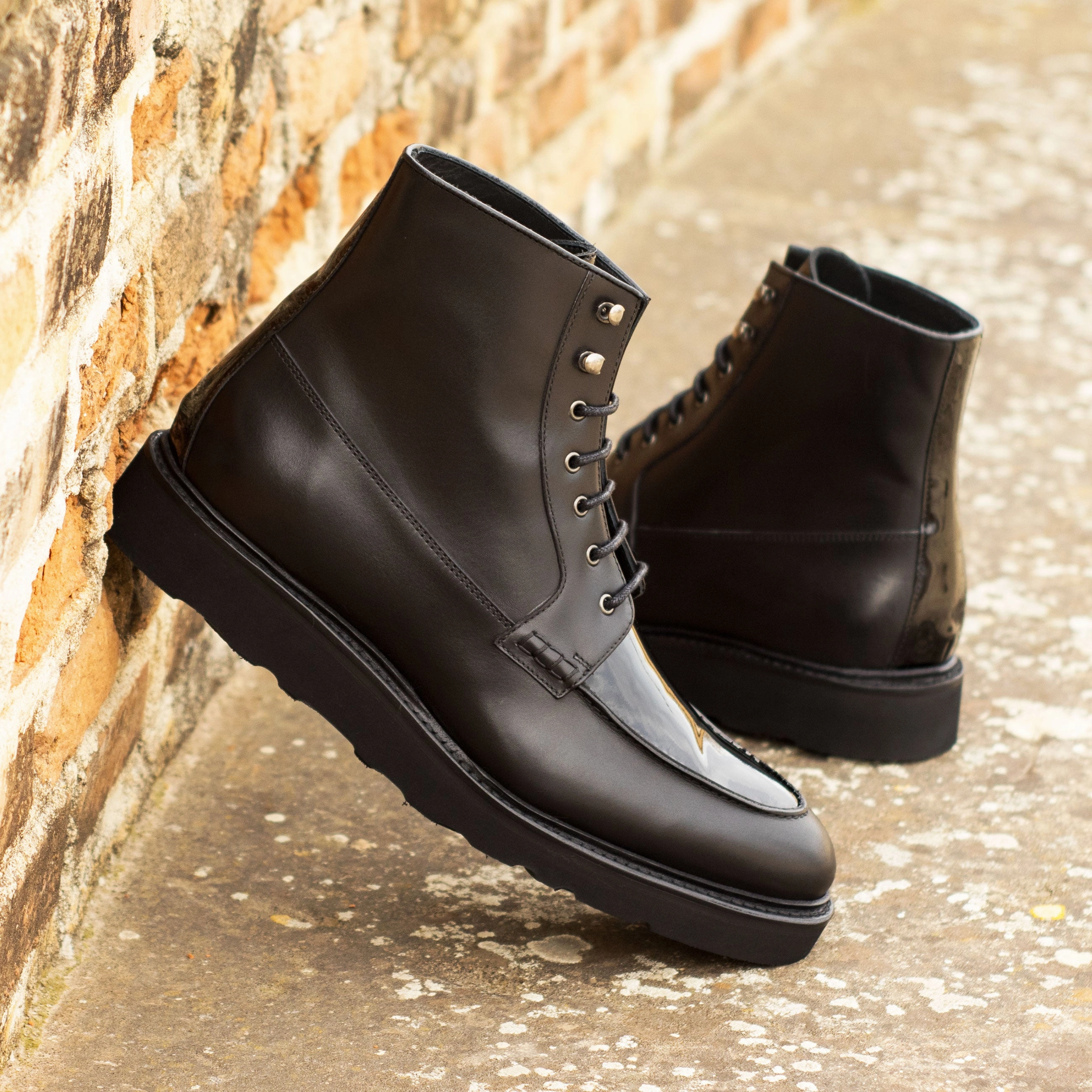 Black Box-Calf & Patent Leather Moc-Toe Boots Inflatable Boots