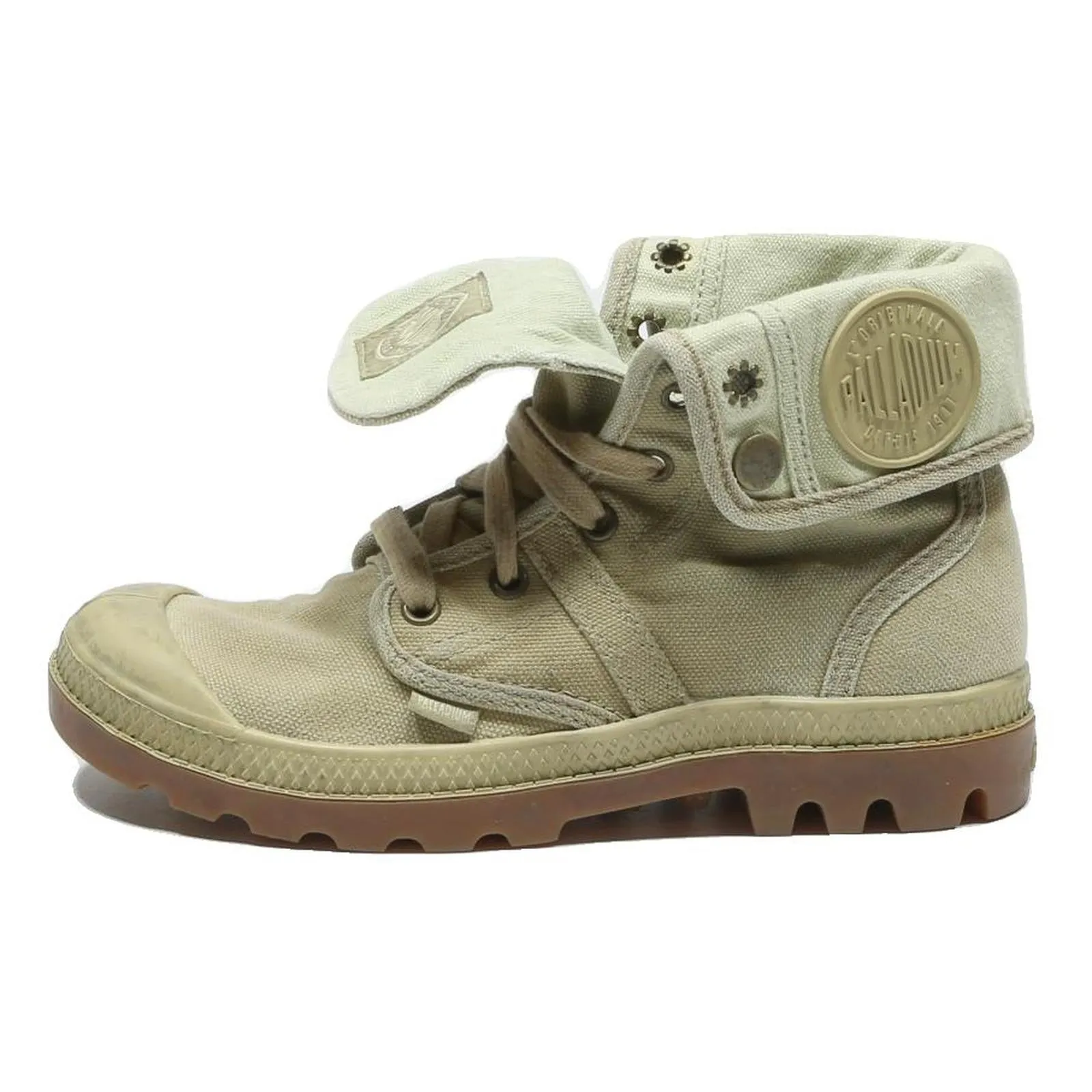 PALLADIUM Womens Fold Down Lace-Up Boots Beige Canvas UK 4 Casual Outdoor Boots On The Ground Fans