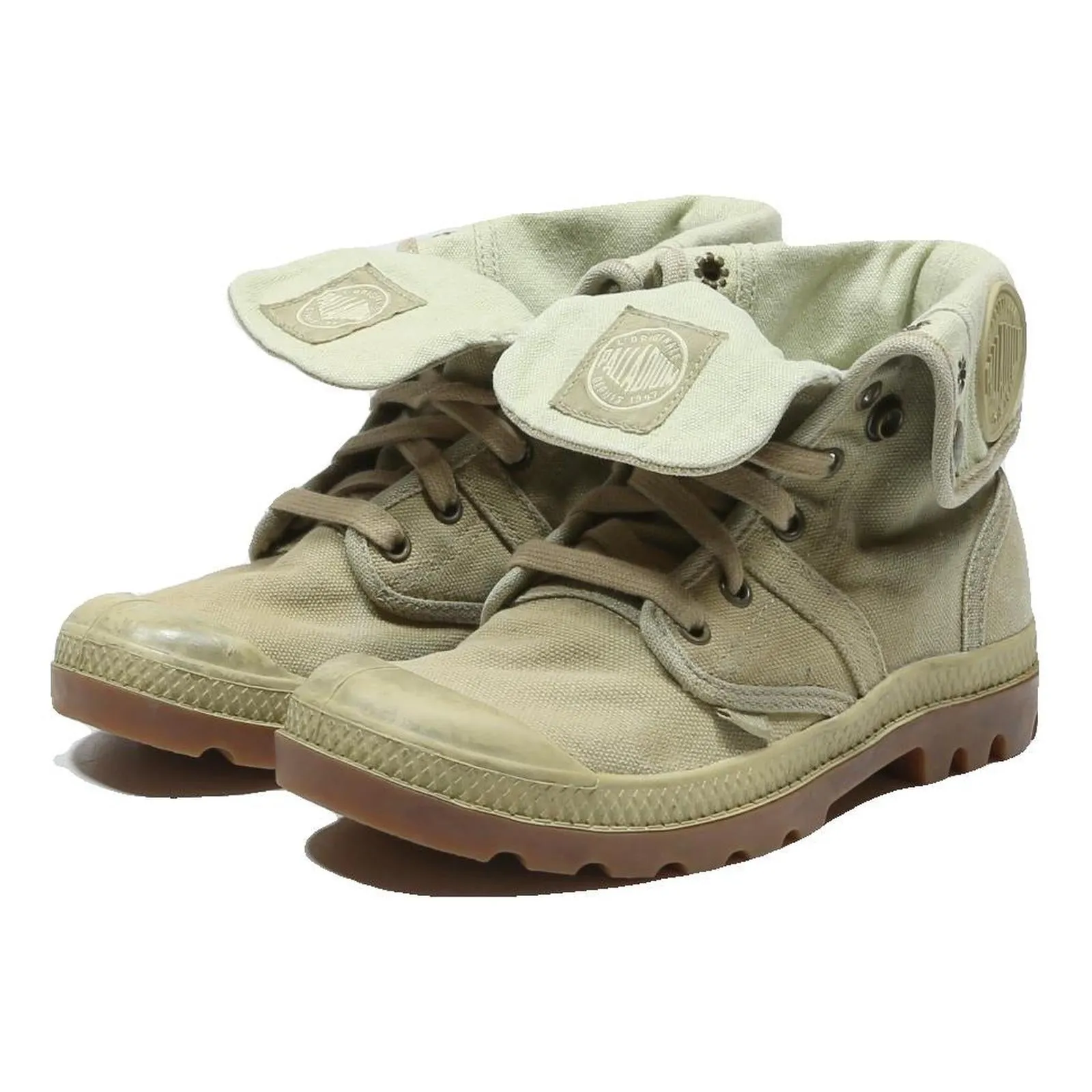 PALLADIUM Womens Fold Down Lace-Up Boots Beige Canvas UK 4 Casual Outdoor Boots - Steel Toe