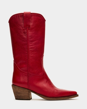 ALBANY RED LEATHER Knee High Fur Boots
