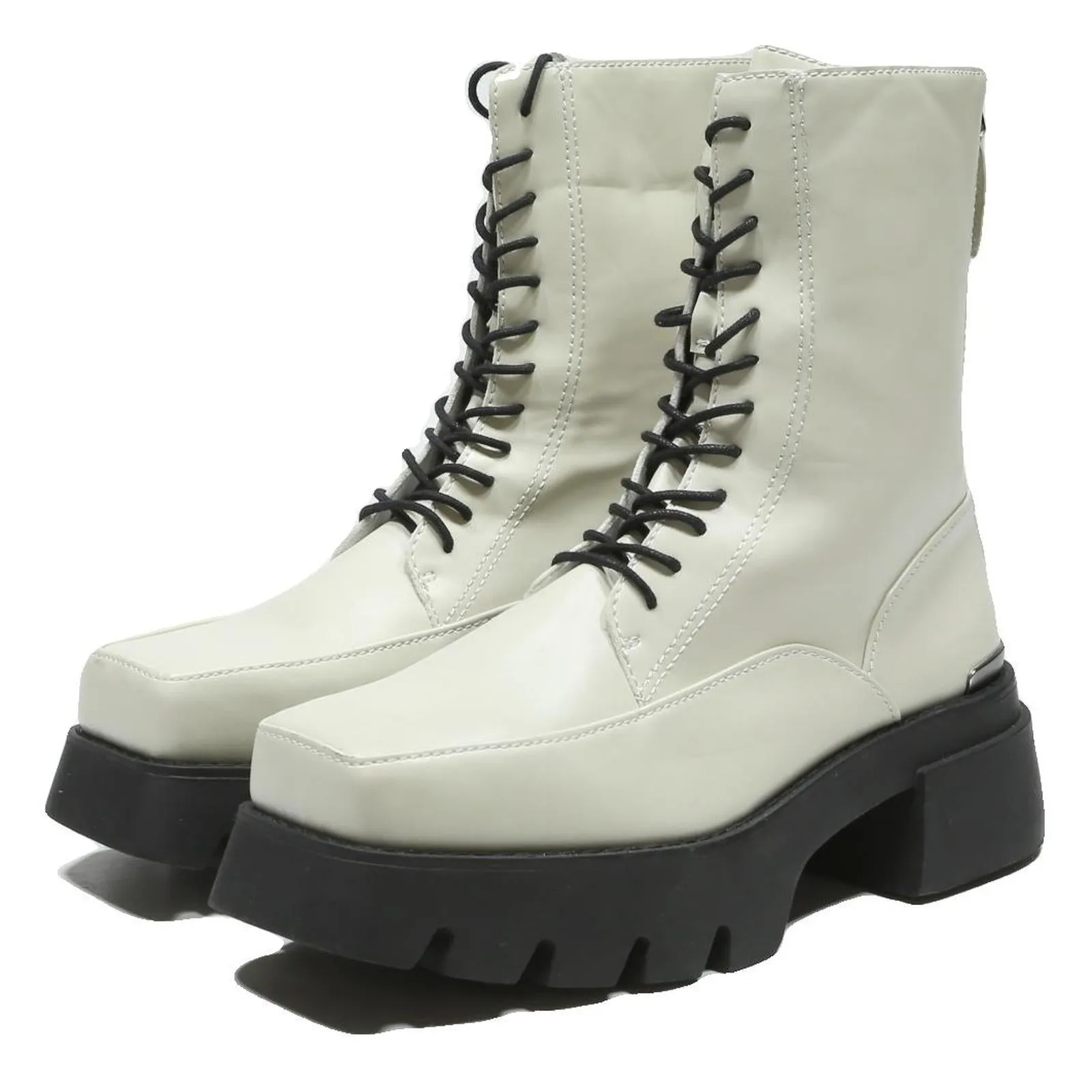 Combat Heel Boots That Goes Up To The Shins CHARLES & KEITH Womens Lace Up Ankle Boots White & Black Leather UK 4 Chunky