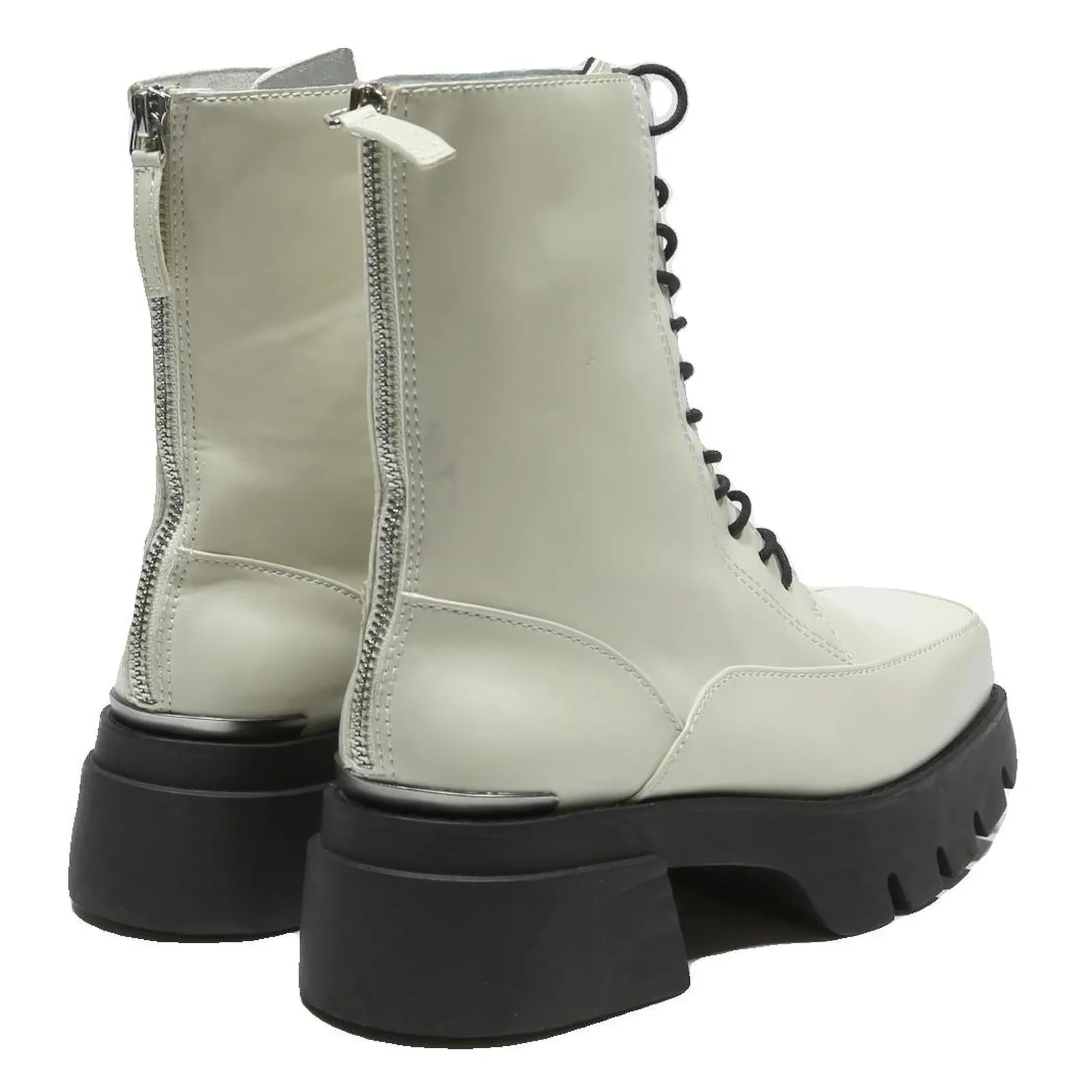 CHARLES & KEITH Womens Lace Up Ankle Boots White & Black Leather UK 4 Chunky Vegan Western Boots