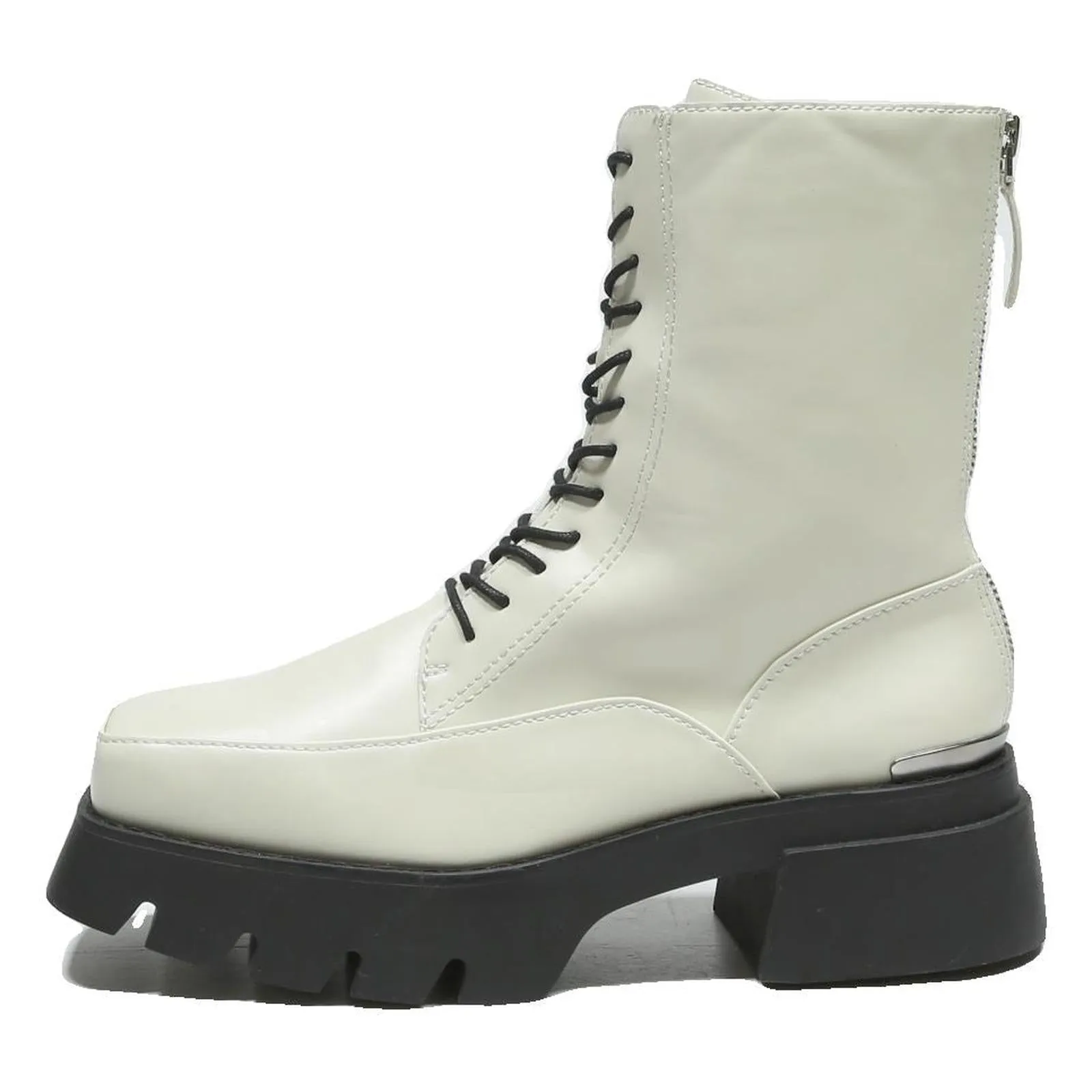 CHARLES & KEITH Womens Lace Up Ankle Boots White & Black Leather UK 4 Chunky Brown Leather Lace Up Boots