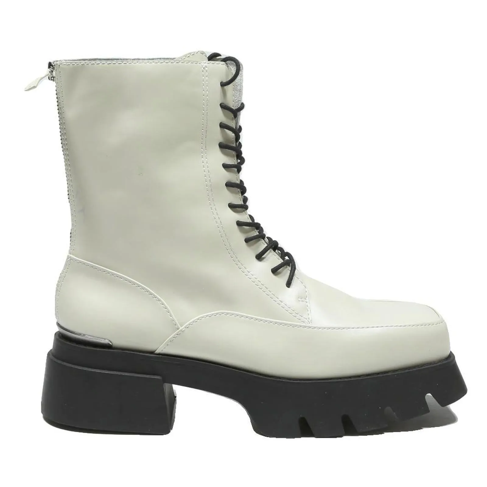 CHARLES & KEITH Womens Lace Up Ankle Boots White & Black Leather UK 4 Chunky Cute Winter Boots