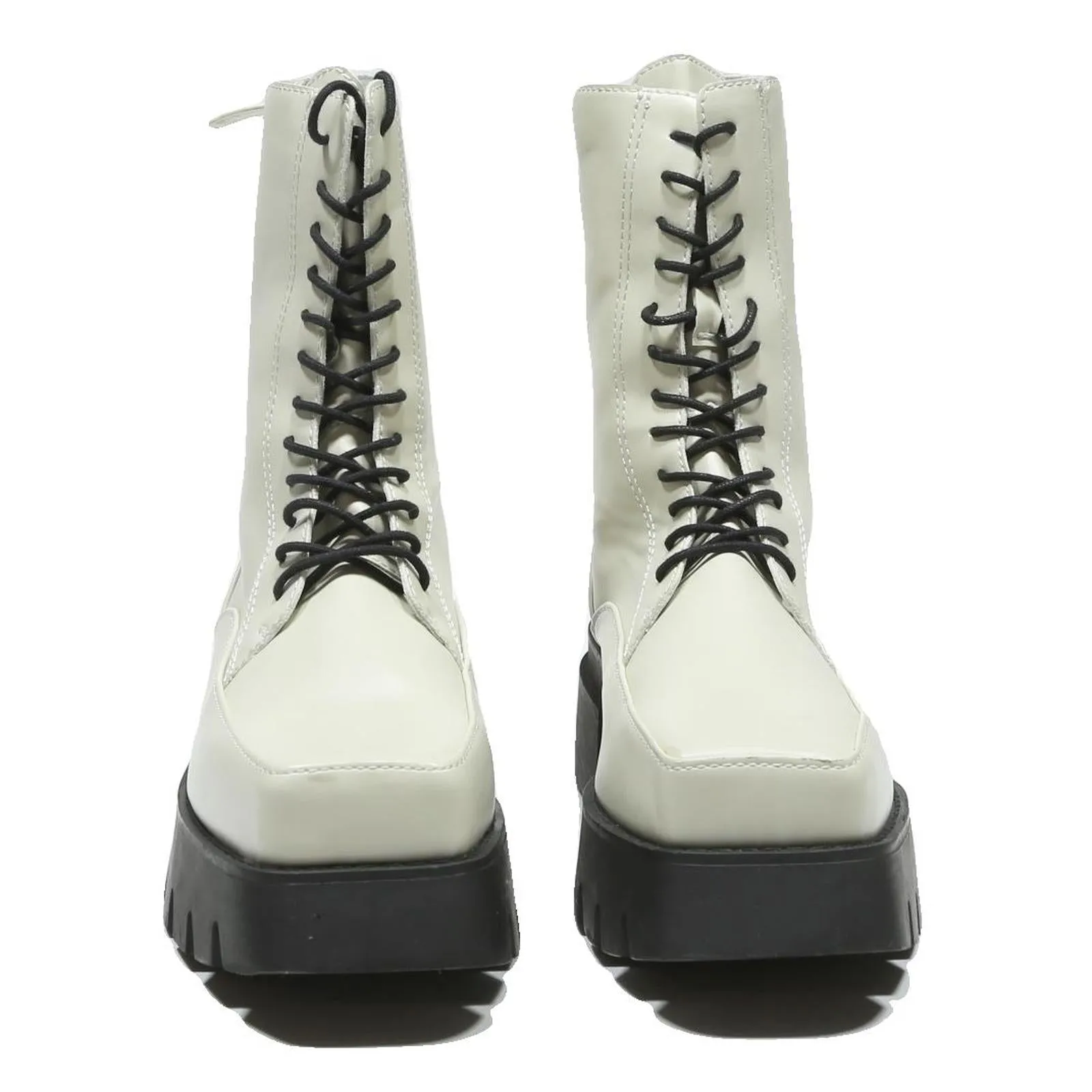 CHARLES & KEITH Womens Lace Up Ankle Boots White & Black Leather UK 4 Chunky Cool Waterproof Boots