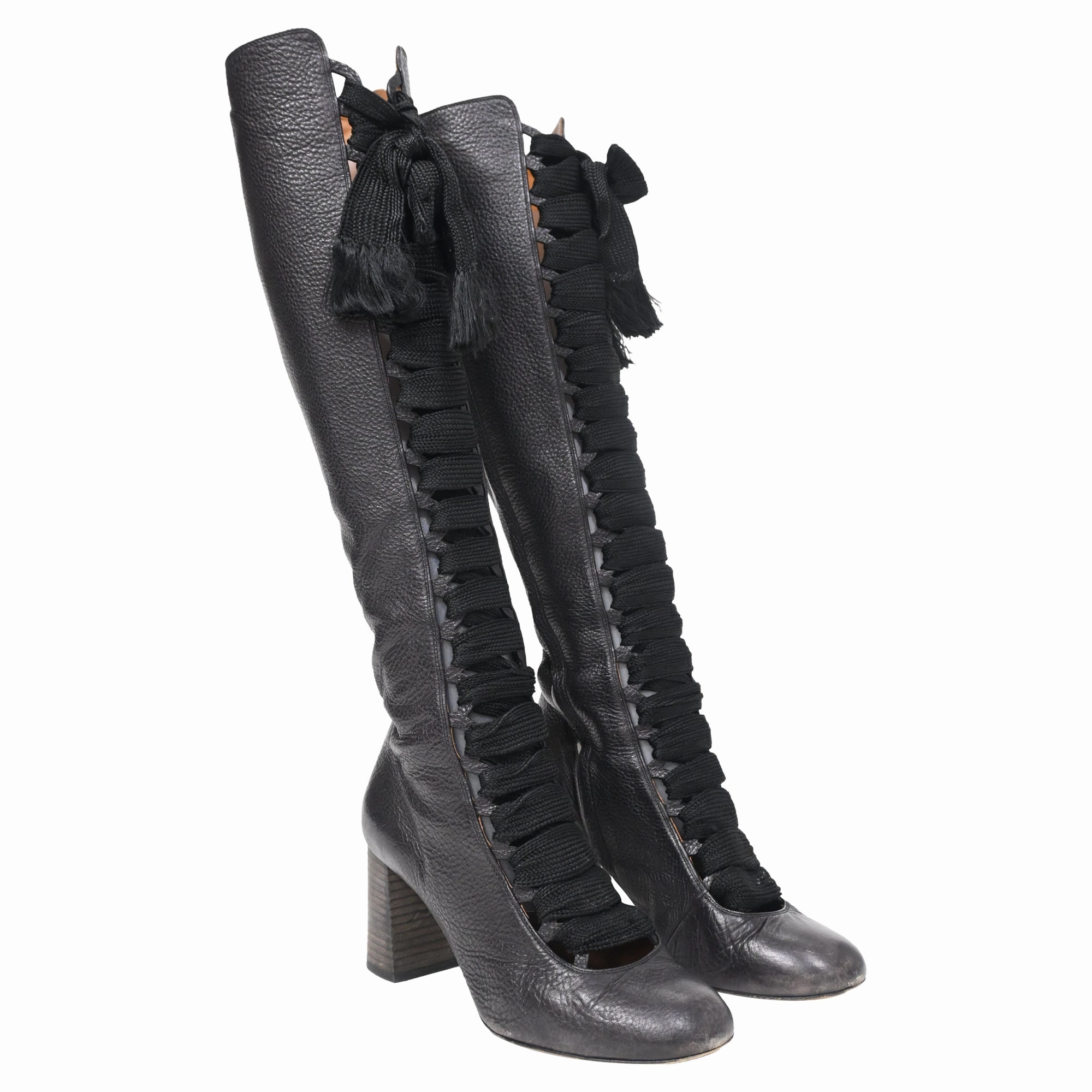 Chlo?? Harper Lace-Up Knee-High Heeled Boots in Black Leather Red Boots Heels