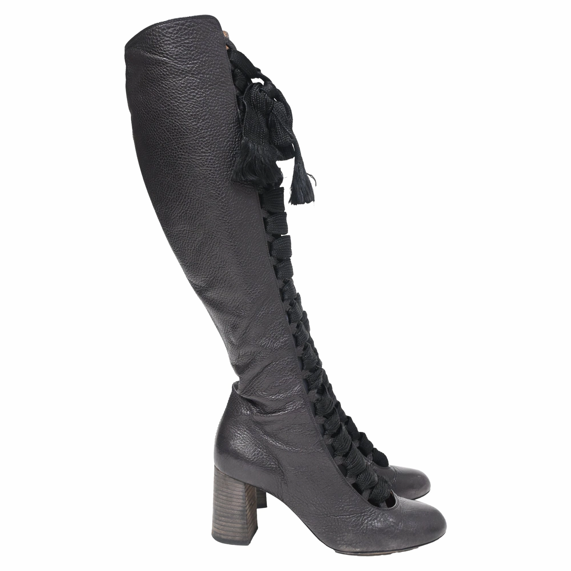 Chlo?? Harper Lace-Up Knee-High Heeled Boots in Black Leather Belks Boots