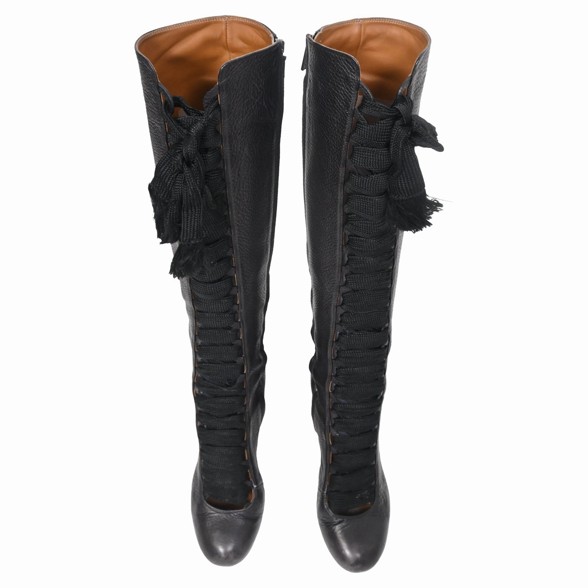 Brown Flat Boots Chlo?? Harper Lace-Up Knee-High Heeled Boots in Black Leather