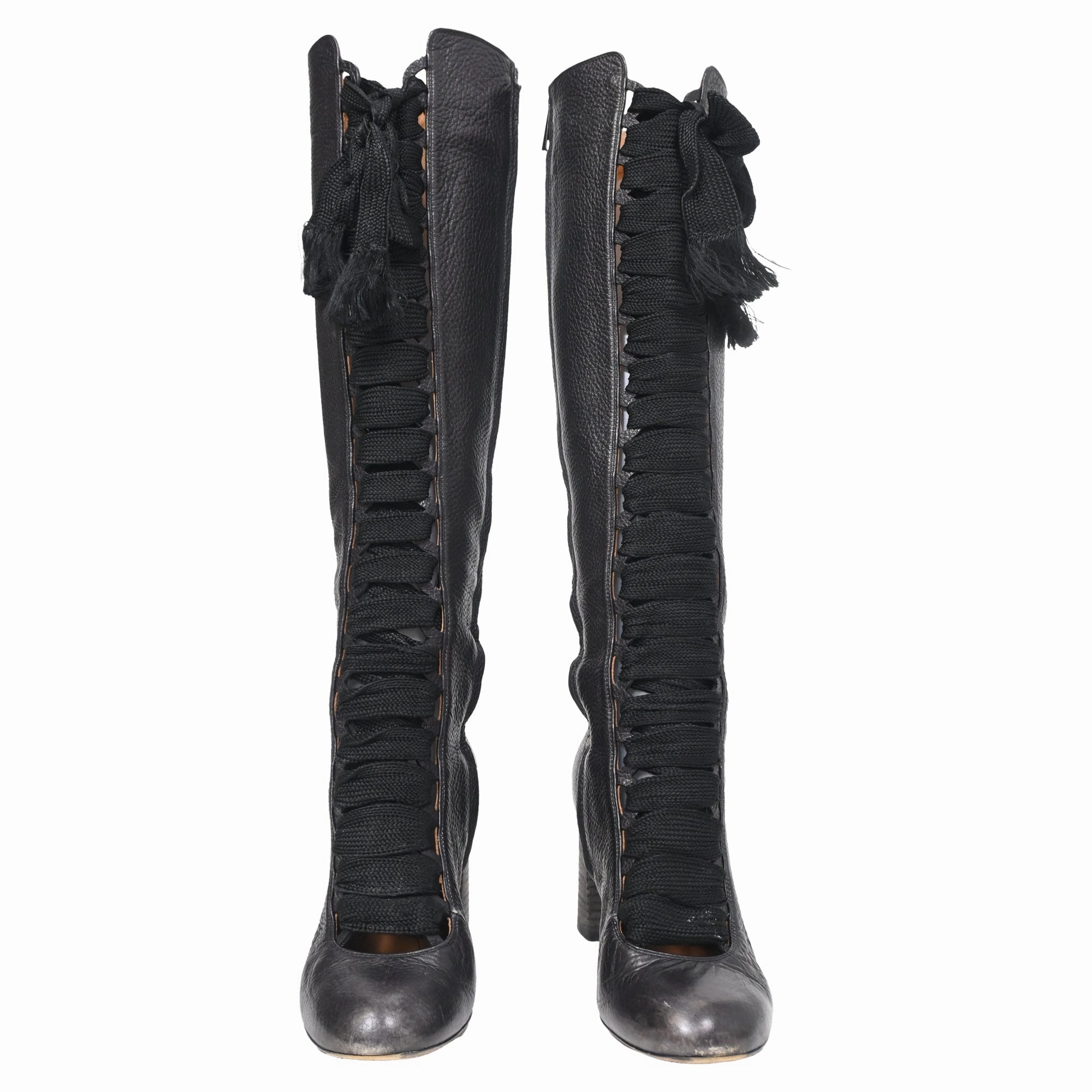 Cat In Boots Chlo?? Harper Lace-Up Knee-High Heeled Boots in Black Leather