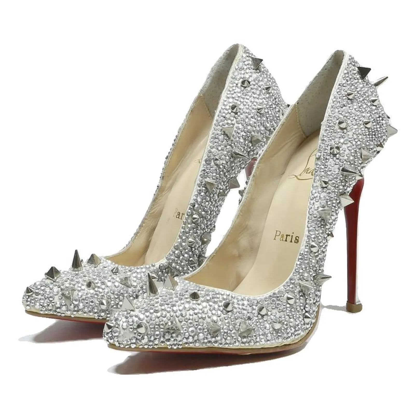 CHRISTIAN LOUBOUTIN So Kate Womens Strappy Heels Silver Synthetic UK 5 Studded Stiletto Thigh High Heels