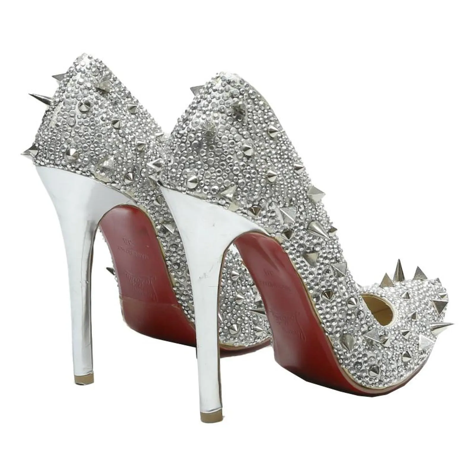 CHRISTIAN LOUBOUTIN So Kate Womens Strappy Heels Silver Synthetic UK 5 Studded High Heels Almodovar
