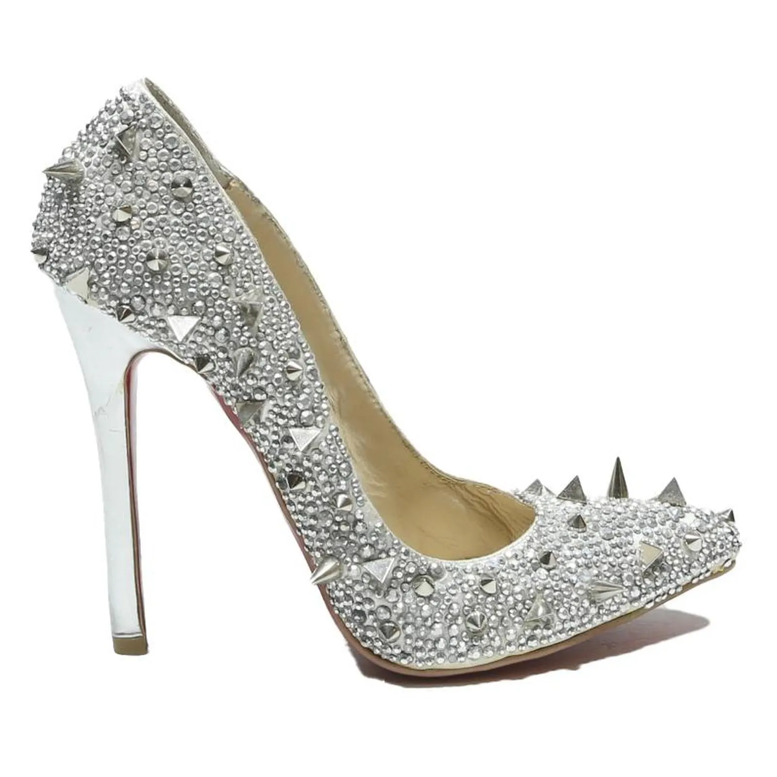 High Heel Shoe Worship CHRISTIAN LOUBOUTIN So Kate Womens Strappy Heels Silver Synthetic UK 5 Studded