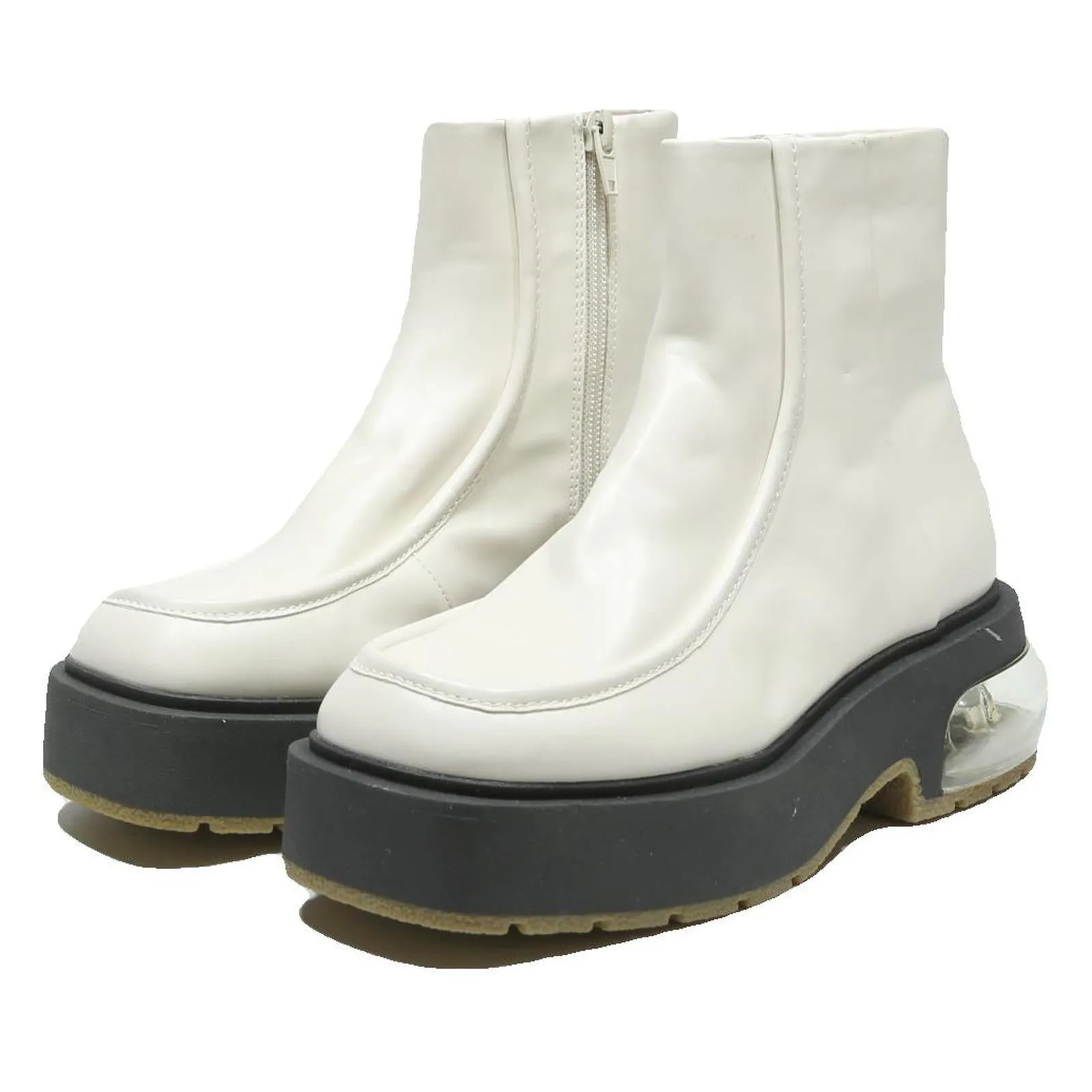 CHARLES & KEITH Womens Platform Ankle Boots White Leather UK 2 Chunky Sole Boa Snowmobile Boots