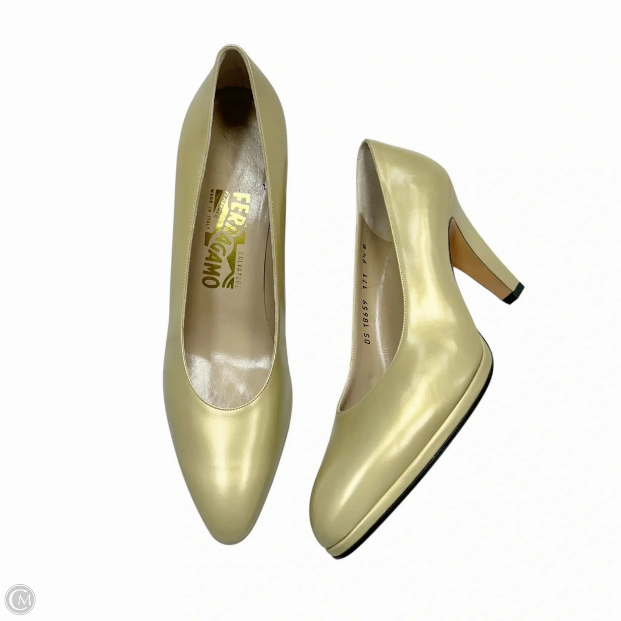 Shoes Luxury Designer By Ferragamo In Gold, Size: 9.5 Soft Casual Shoes