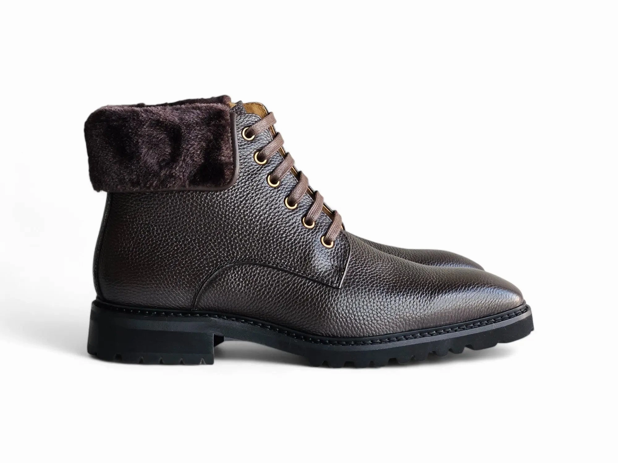 Wedge Heel Ankle Boots Rugged Leather Boot with Faux Shearling