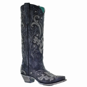 Mid Calf Cowboy Boots Corral Ladies Black Overlay Emroidery Stud & Crystals Tall Boots A3637