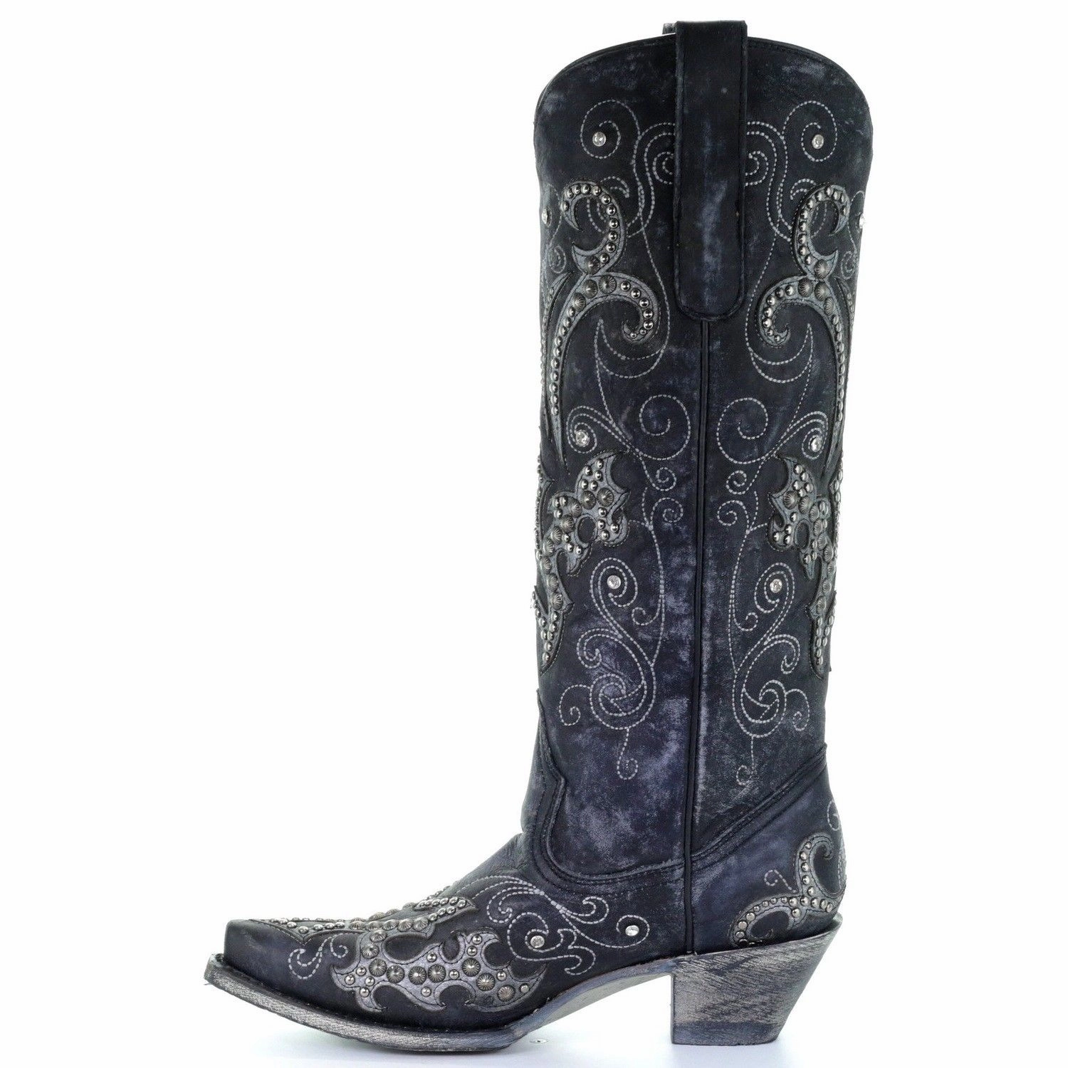 Corral Ladies Black Overlay Emroidery Stud & Crystals Tall Boots A3637 Daphne Boots
