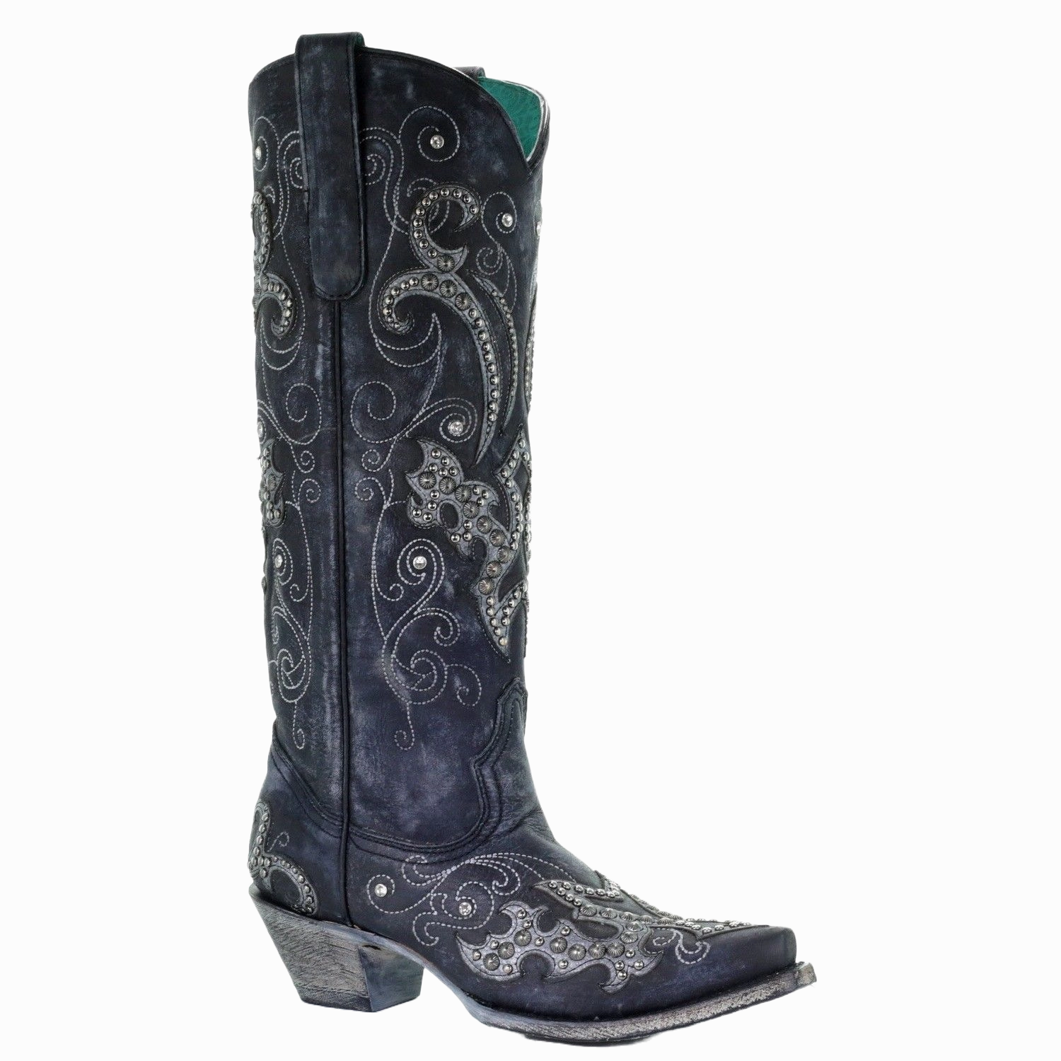 Corral Ladies Black Overlay Emroidery Stud & Crystals Tall Boots A3637 Vivala Boots