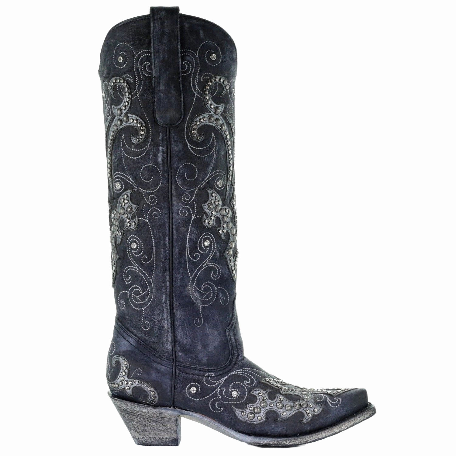 Sole Leather Boots Corral Ladies Black Overlay Emroidery Stud & Crystals Tall Boots A3637