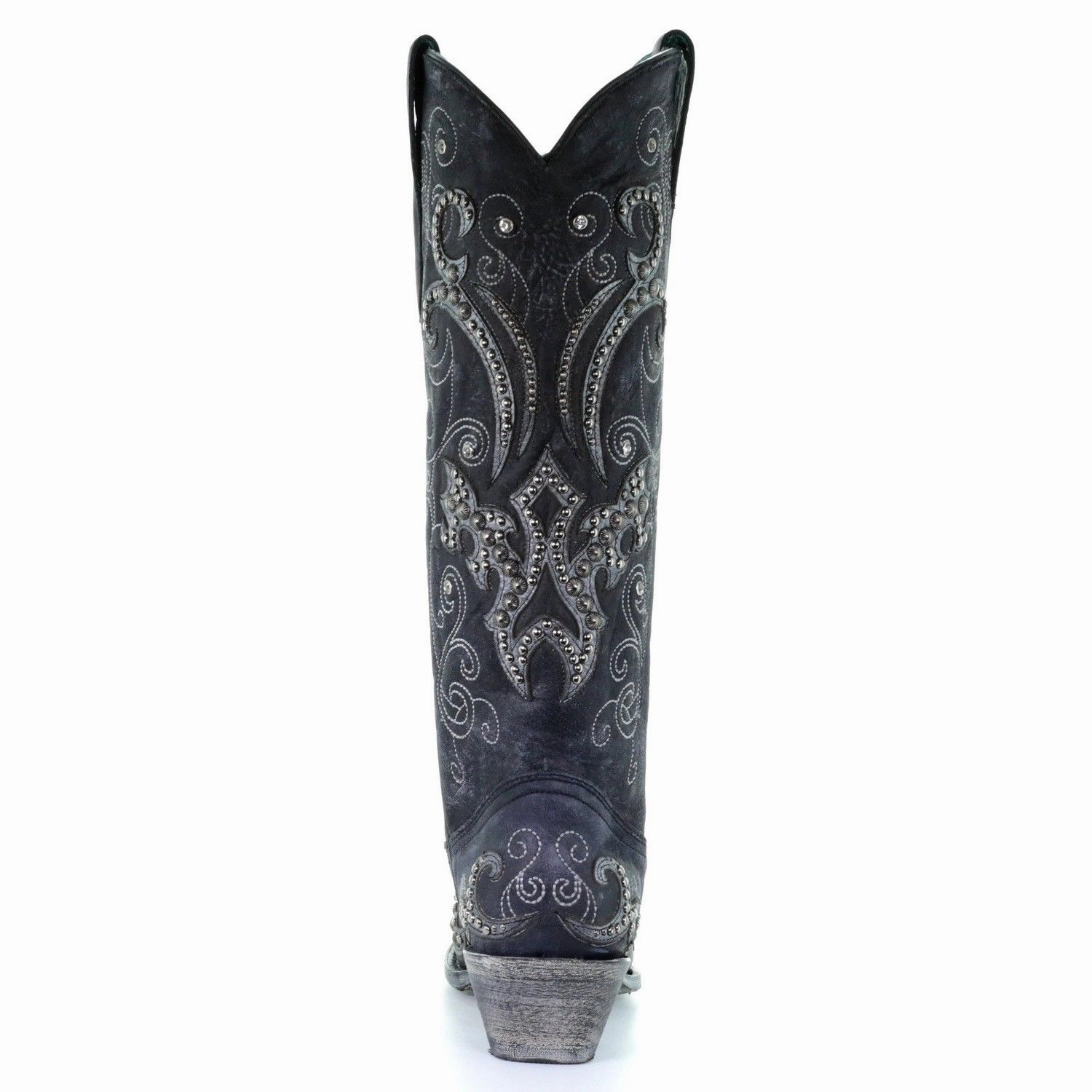 Slip Resistant Boots Corral Ladies Black Overlay Emroidery Stud & Crystals Tall Boots A3637