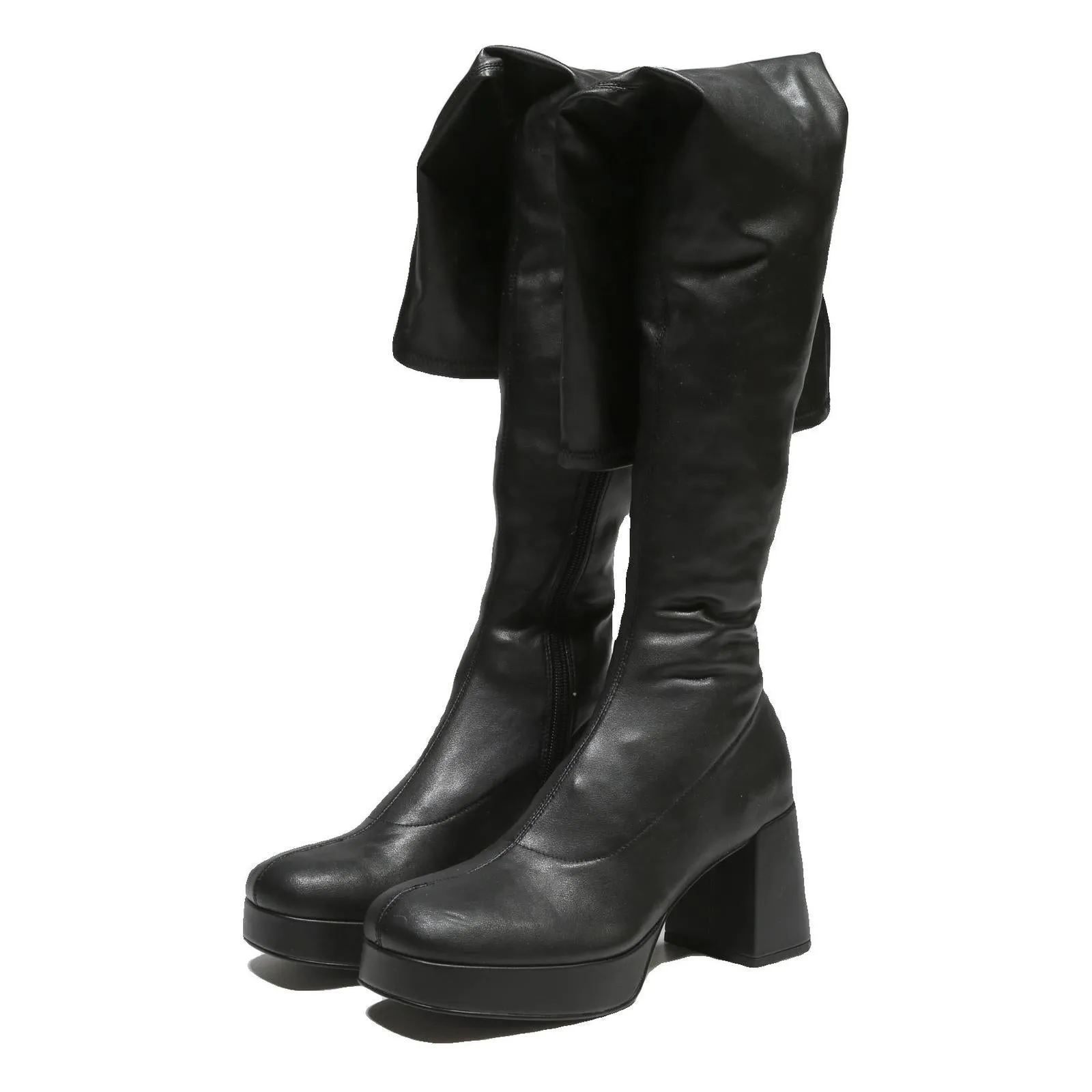 CHARLES & KEITH Womens Black Leather High Platform Block Heel Boots UK 4 Stylish Light Steel Toe Boots