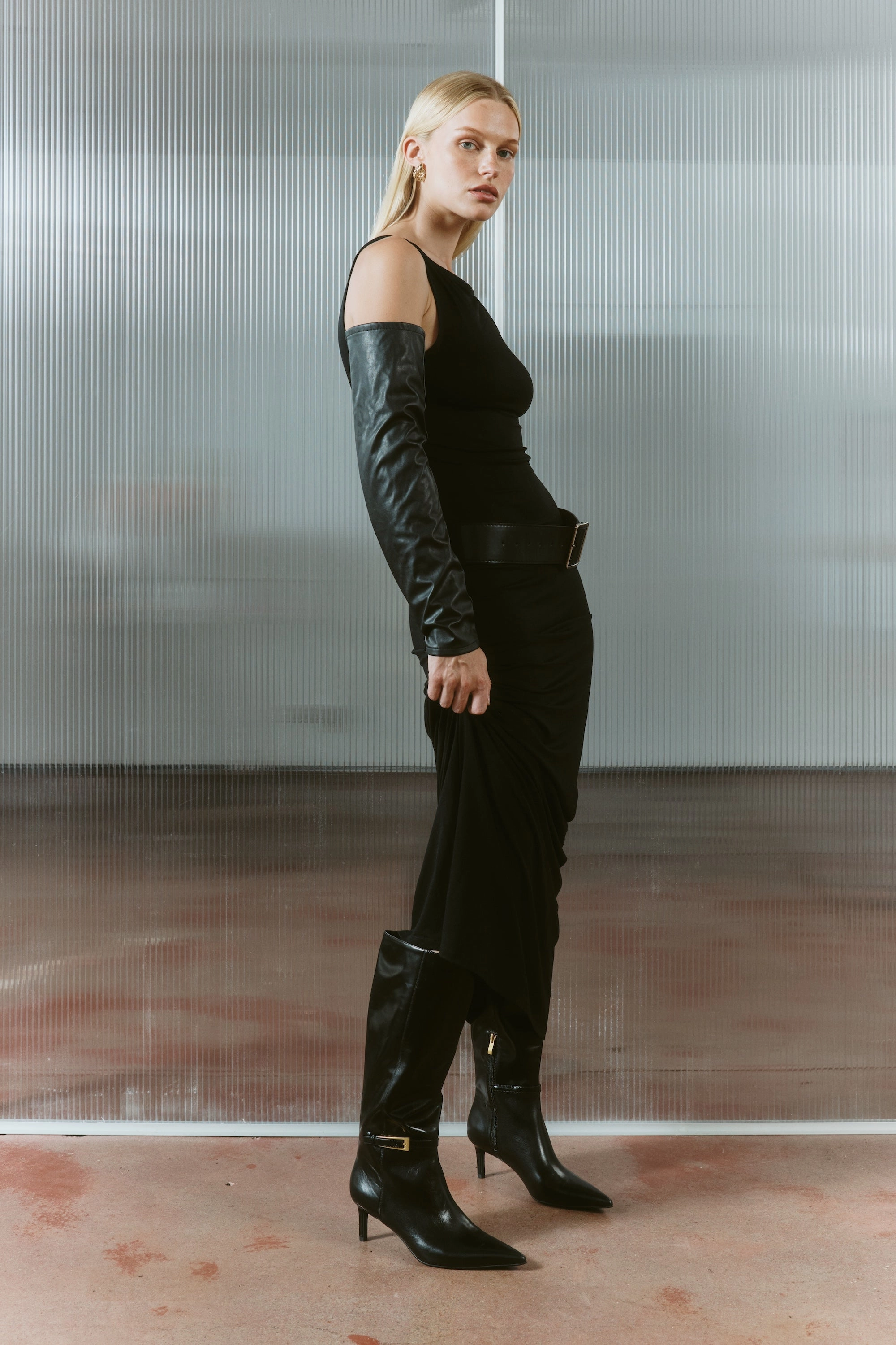 Drake Stiletto Long Boots - Black High Shine Leather Emo Boots