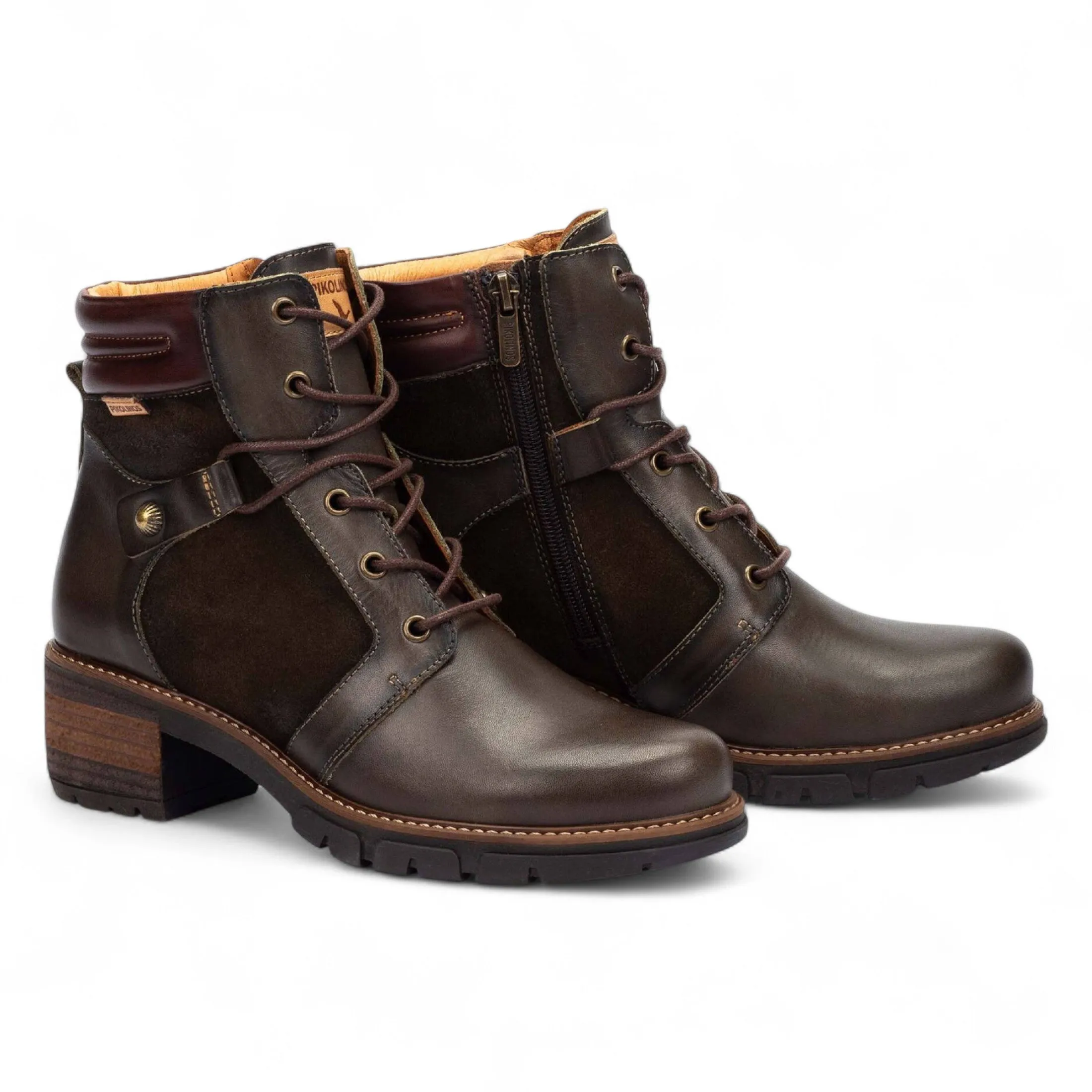 Pikolinos Women??s Forest Brown Leather Zip & Lace Up Heel Ankle Boots - San Sebasti??n Cute Winter Boots Meaning