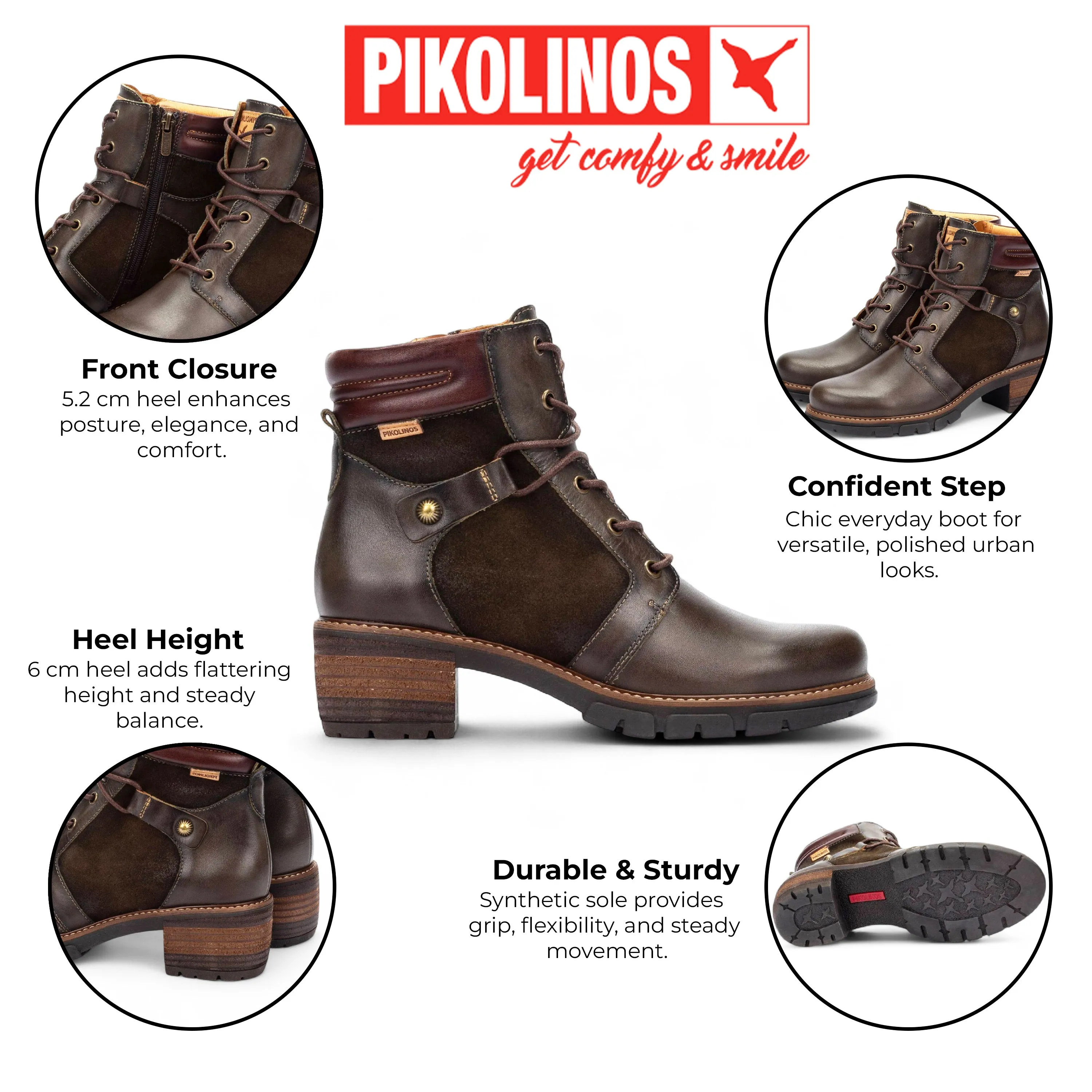 Met Guard Boots Pikolinos Women??s Forest Brown Leather Zip & Lace Up Heel Ankle Boots - San Sebasti??n