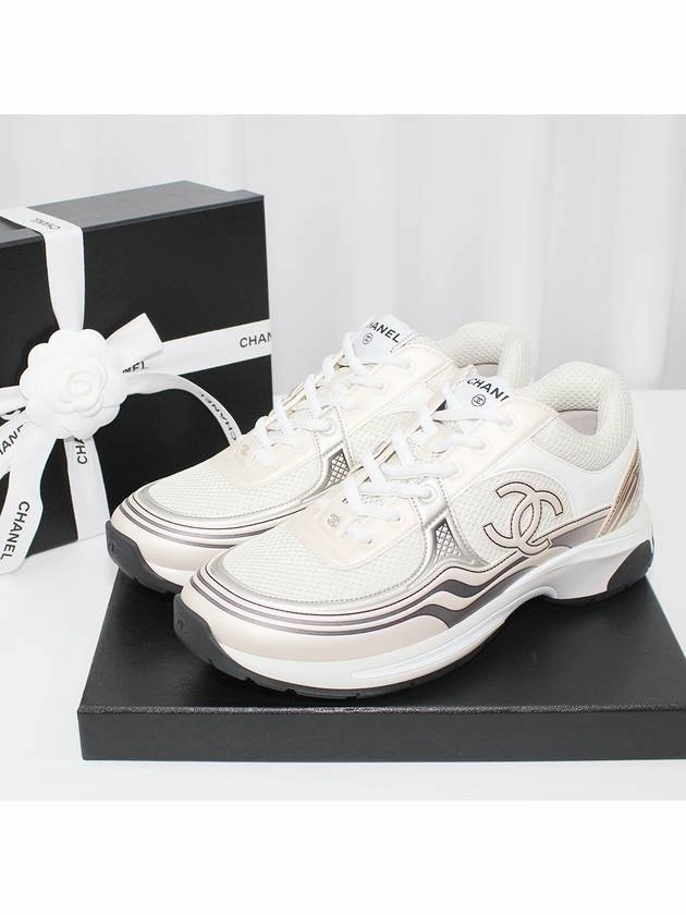 Fabric Laminated Low Top Sneakers Ivory White Gold Chanel Slip On Sneakers Shoes