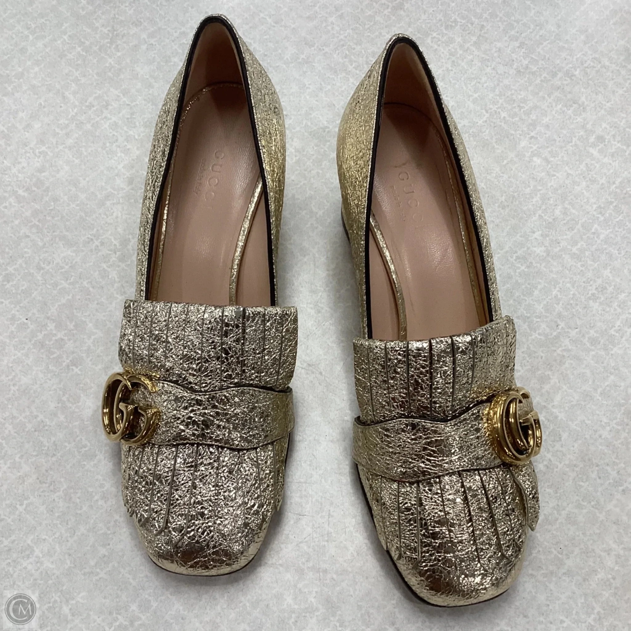 Shoes Luxury Designer By Gucci In Gold, Size: 6 Casual Double Monk Strap Shoes