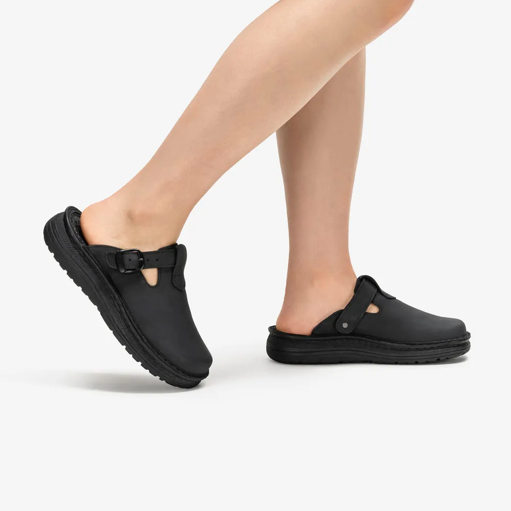 T Strap Sandals Sawyer - Leather Clog-Toe Sandal | Black Nubuck