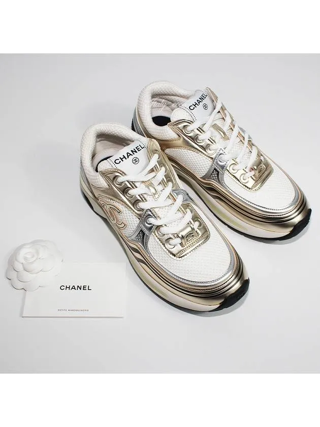 Fabric Laminated Low Top Sneakers Gold Chanel Sneakers With V Logo