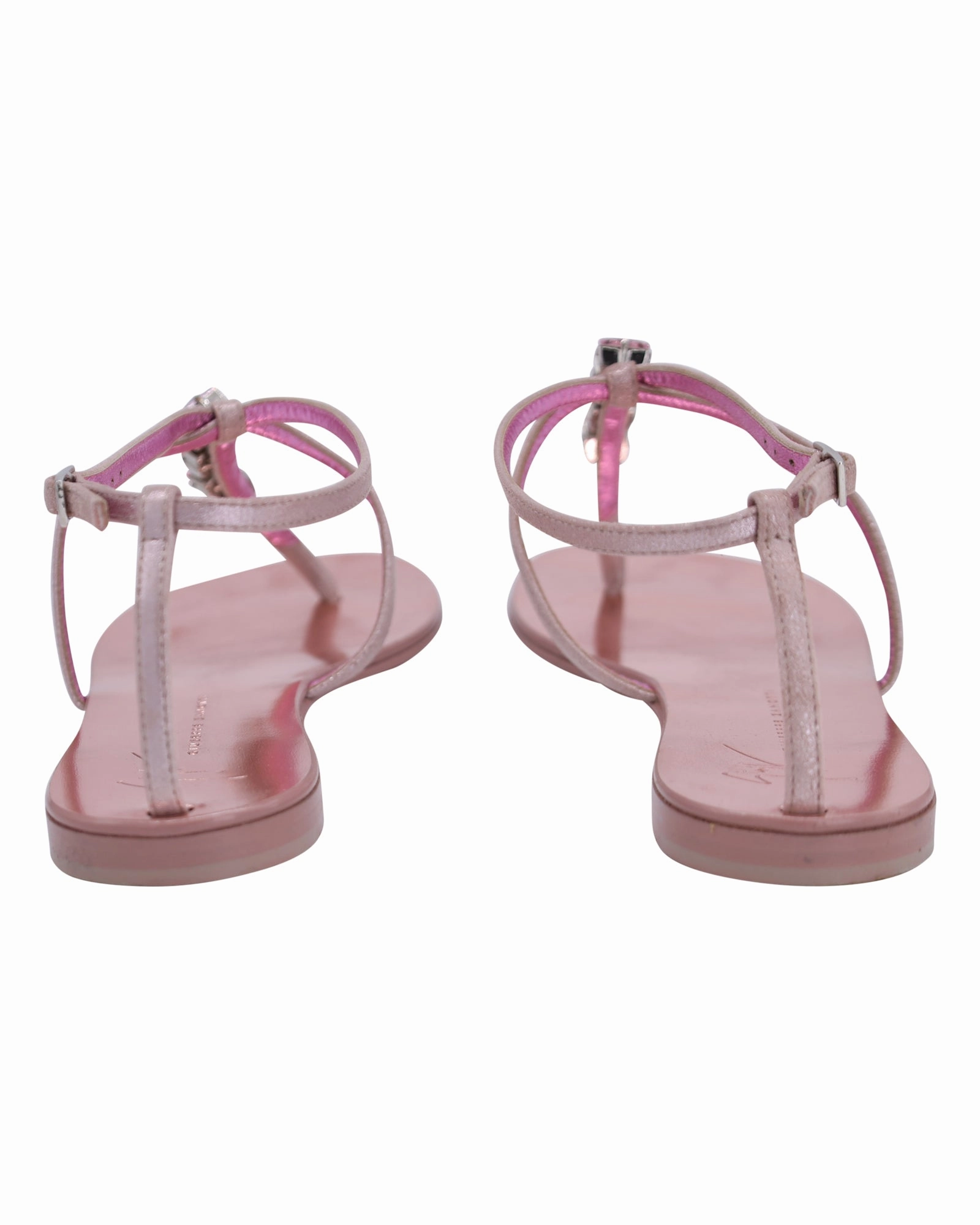 Double Strap Sandals Giuseppe Zanotti Crystal-Embellished Thong Flat Sandals in Metallic Pink Leather