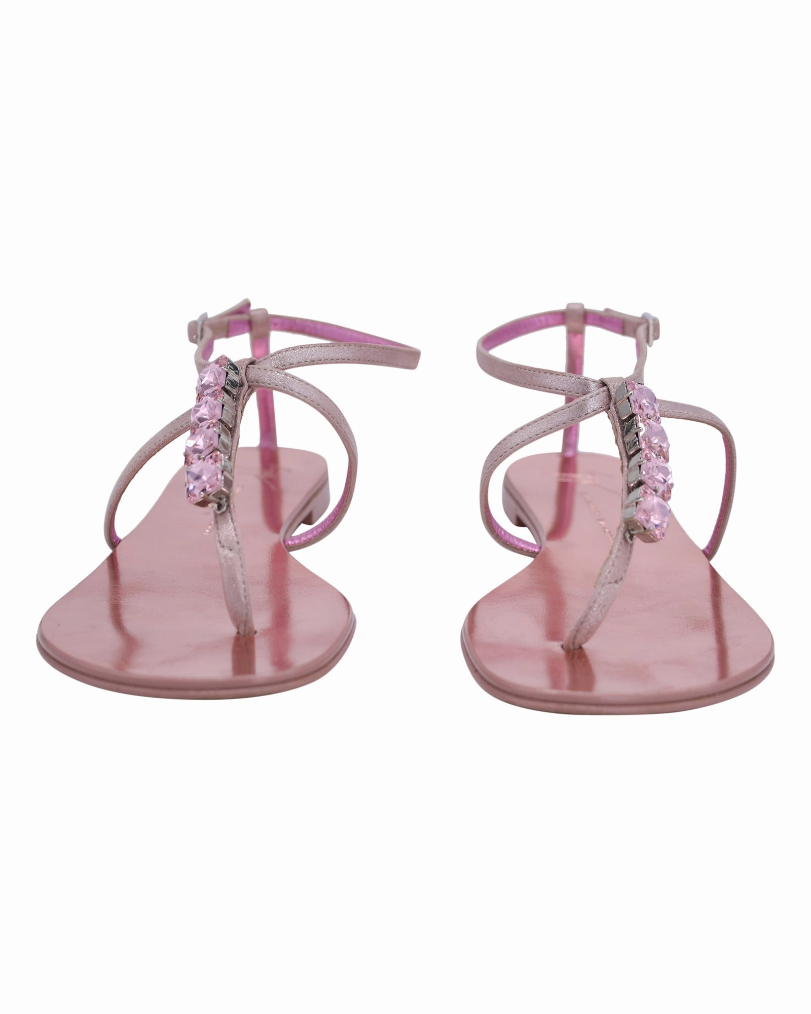 Best European Walking Sandals Giuseppe Zanotti Crystal-Embellished Thong Flat Sandals in Metallic Pink Leather