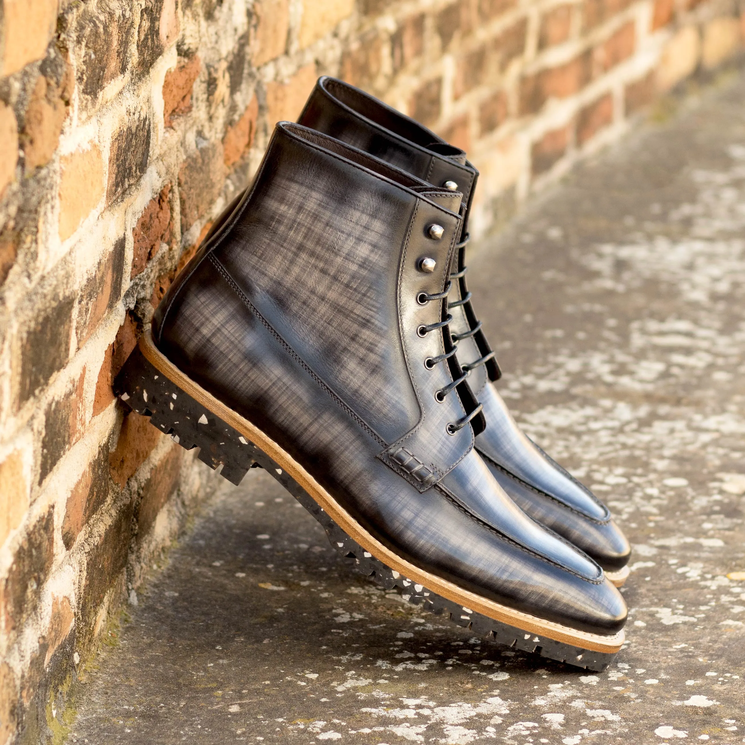 Fold Over Boots Grey Papiro Patina Leather Moc-Toe Boot