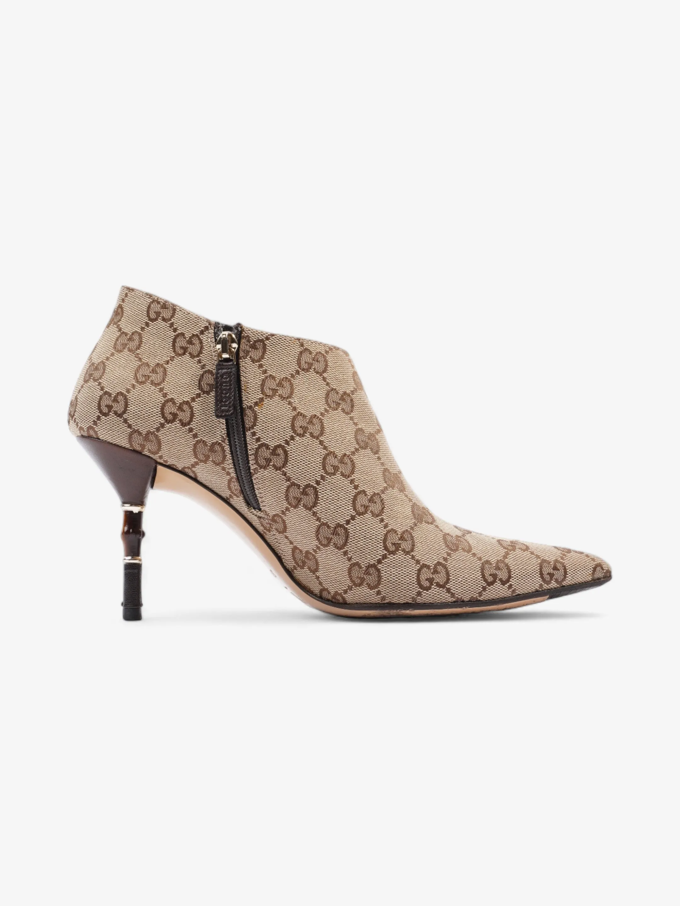 Suede Leather Boots Gucci Ankle Heeled Boots 85mm Beige And Ebony GG Supreme Canvas EU 37.5 UK 4.5