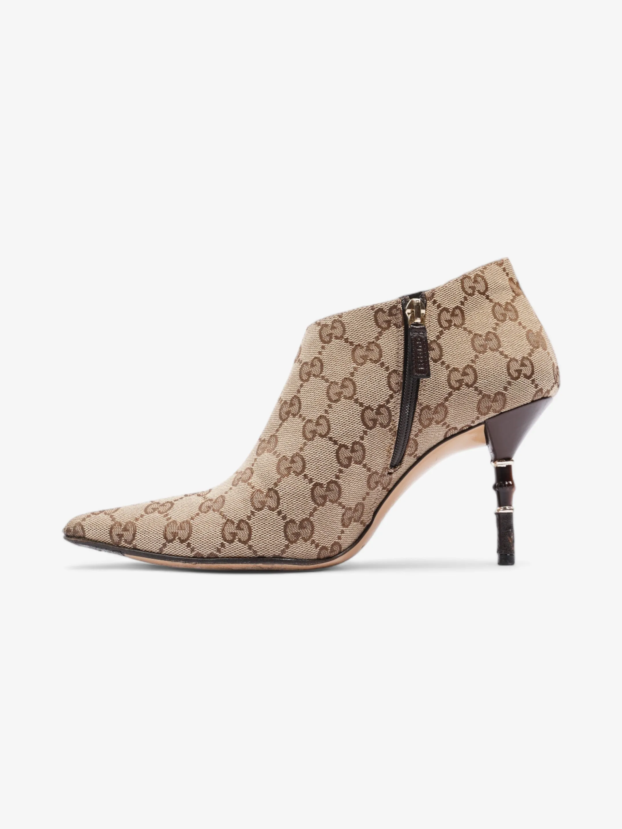 Boots With Low Heel Gucci Ankle Heeled Boots 85mm Beige And Ebony GG Supreme Canvas EU 37.5 UK 4.5