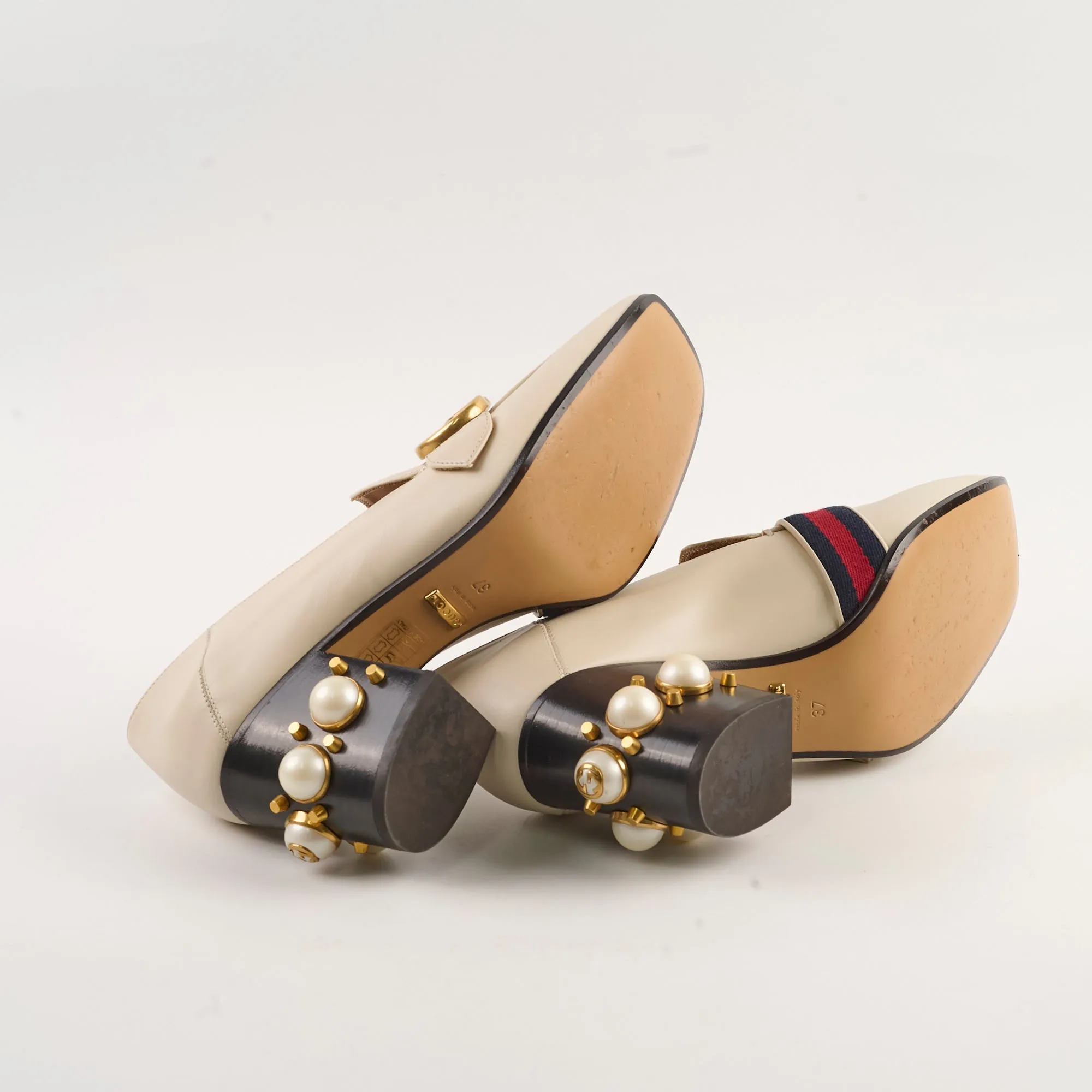 Gucci GG Pearl Loafers Ivory Size 37 8053 Nappa Leather Casual Shoes