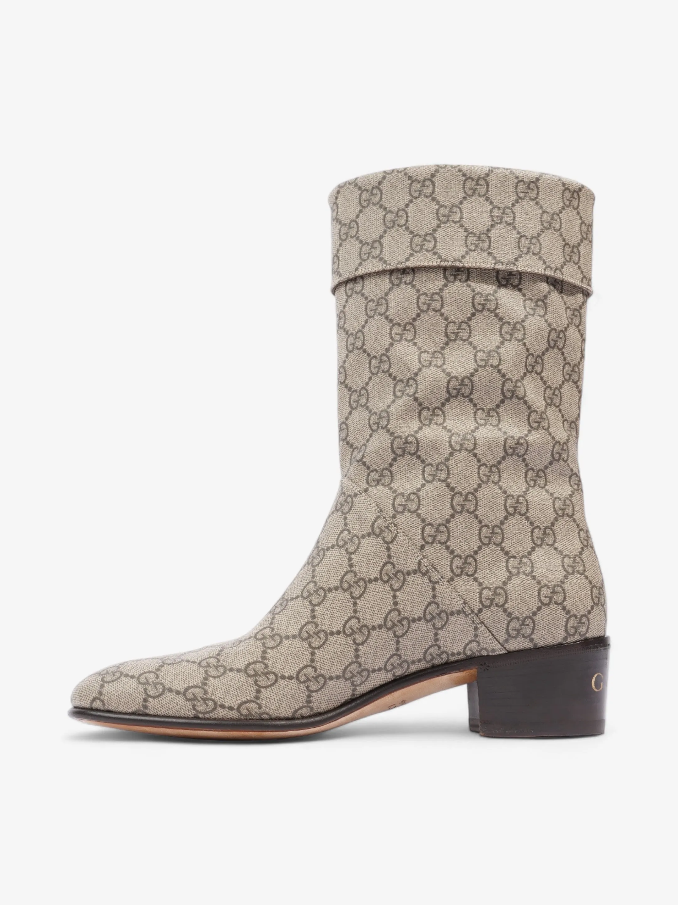 Gucci Heeled Ankle Boots 50mm Beige And Ebony GG Supreme Fabric EU 41 UK 7 Panama Jungle Boots