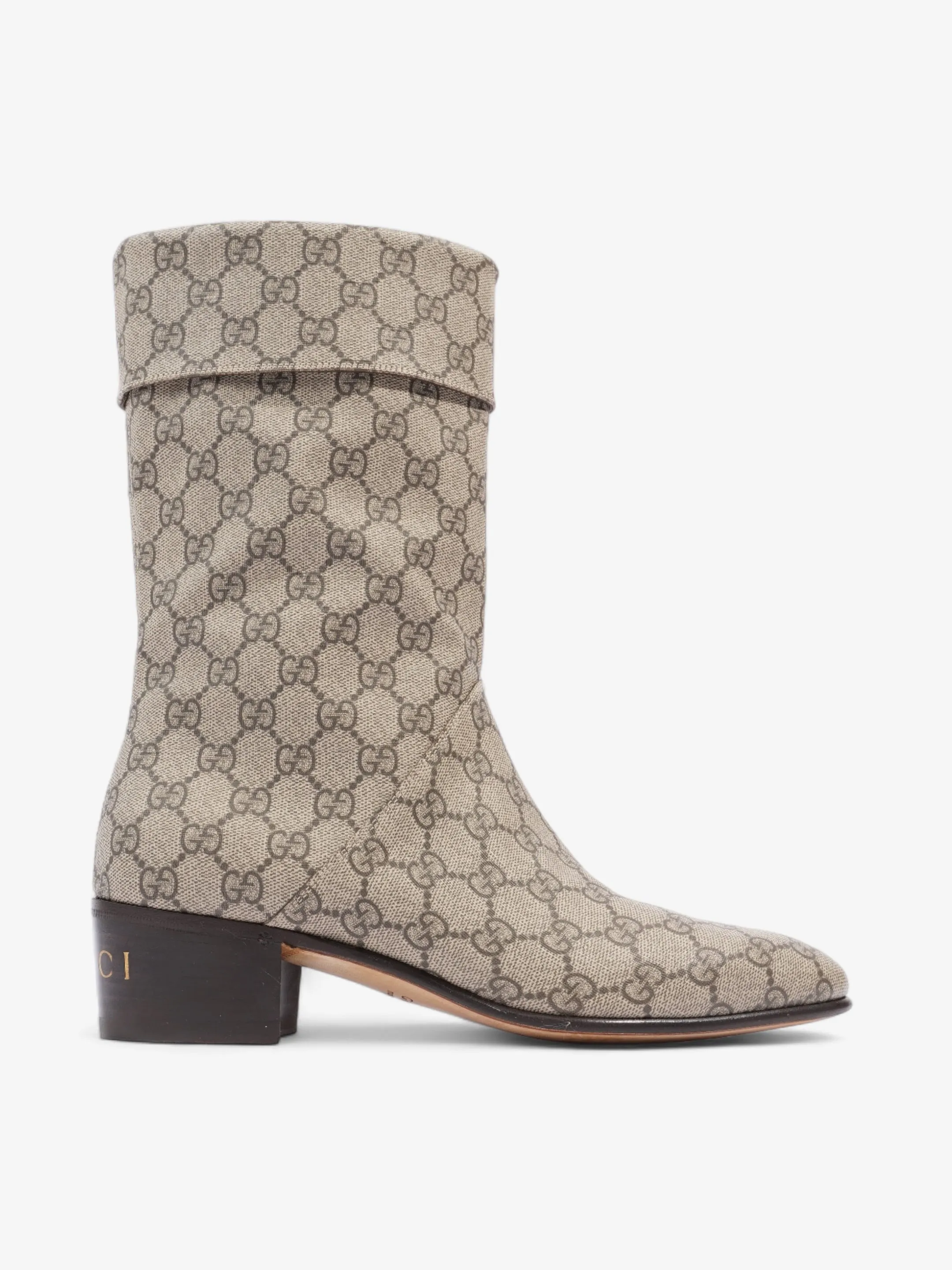 Gucci Heeled Ankle Boots 50mm Beige And Ebony GG Supreme Fabric EU 41 UK 7 Boots Short Heel