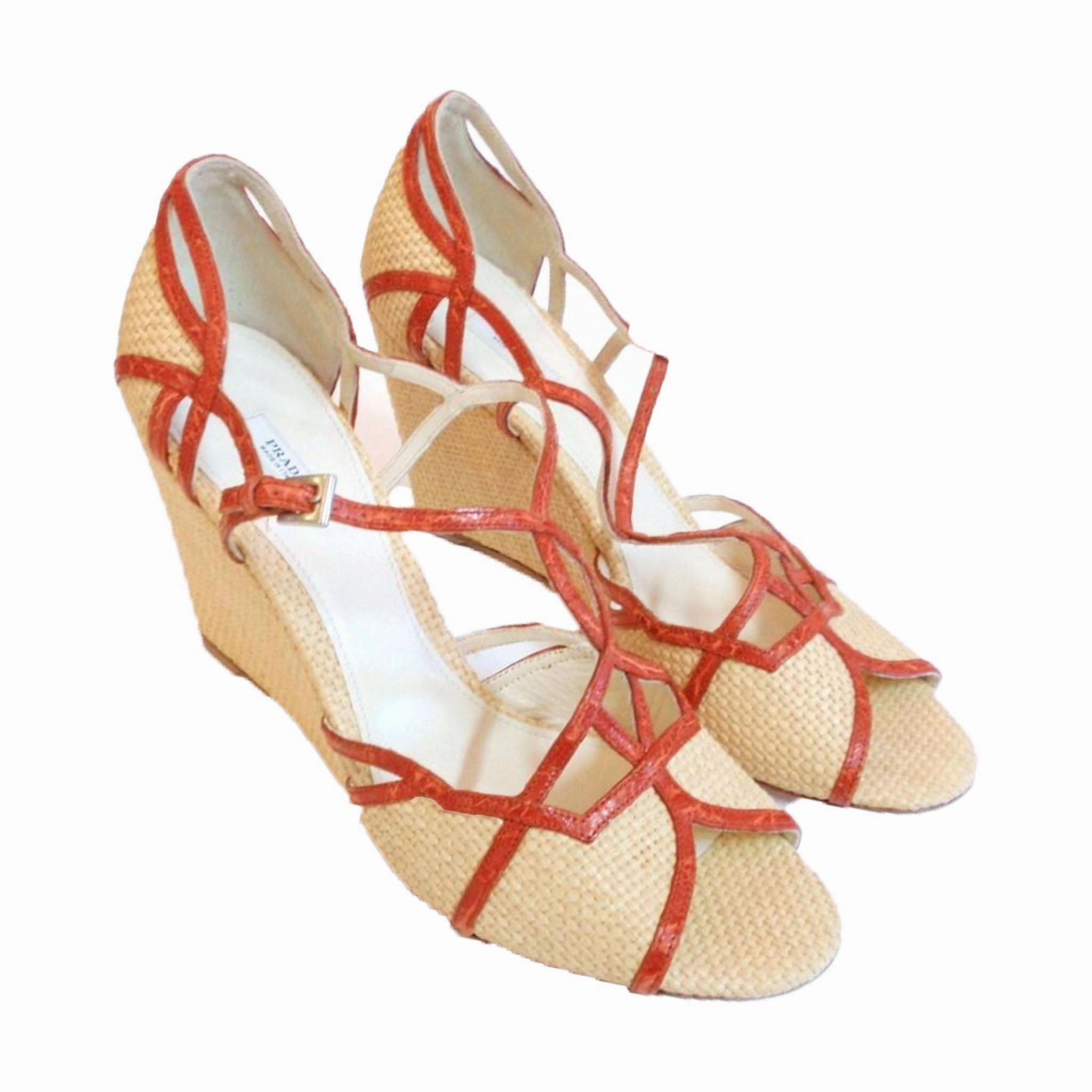 PRADA Woven Straw w/ Orange T-Strap Wedge Sandal Size 39 High Heels Club Photos