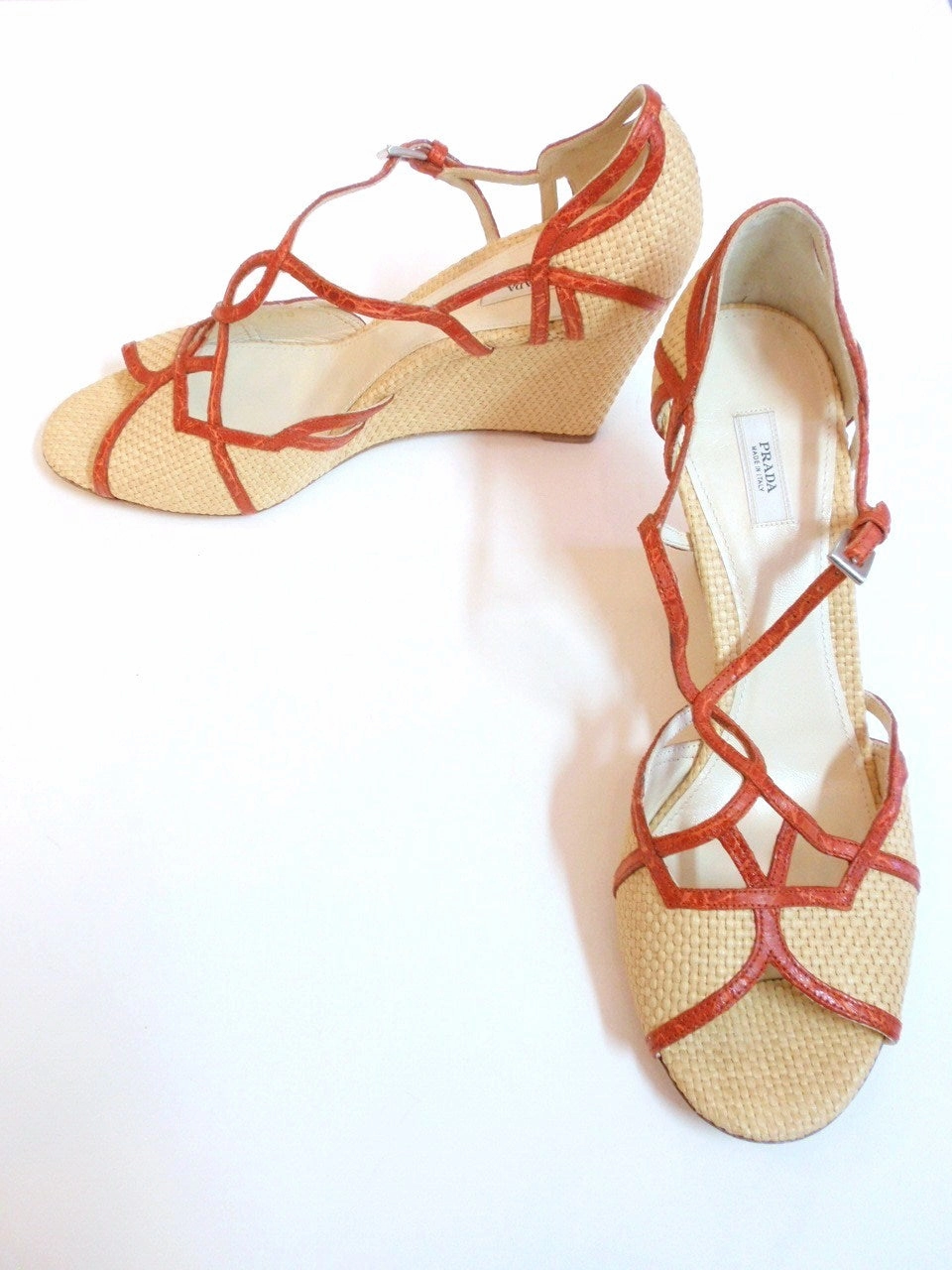High Heel Shoes Games PRADA Woven Straw w/ Orange T-Strap Wedge Sandal Size 39